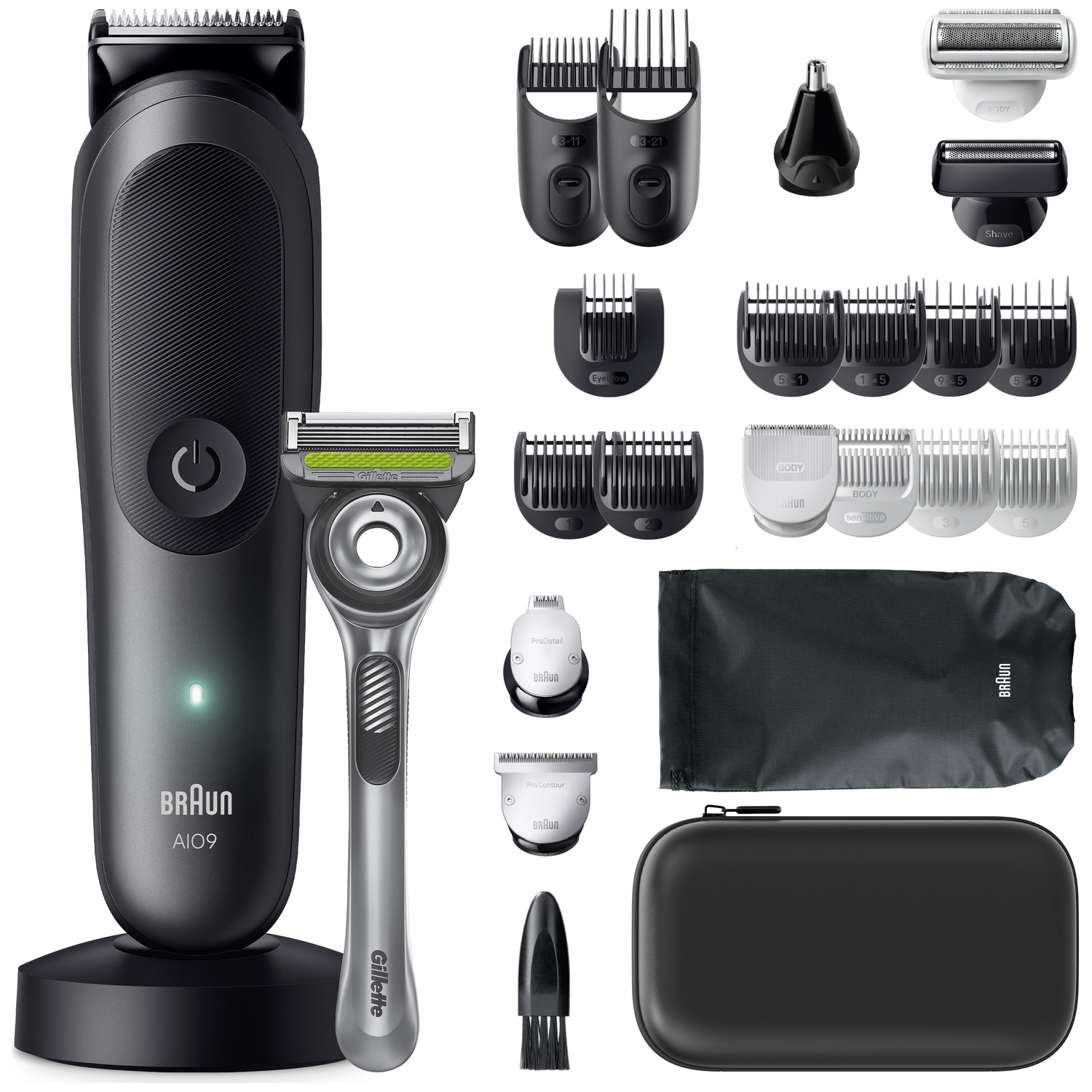 Een Braun all-in-one trimmer, een Gillette scheermes en talrijke opzetstukken op witte achtergrond.