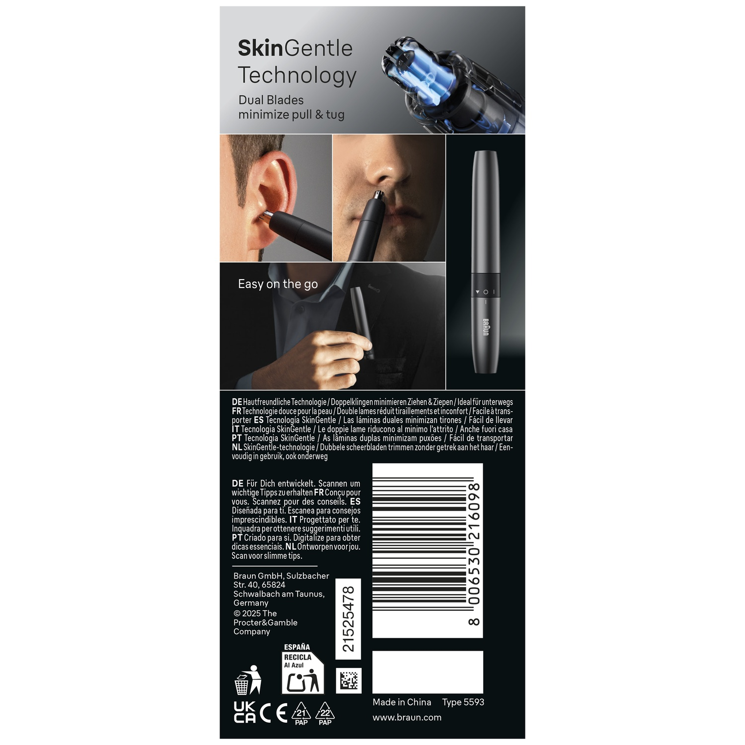Emballage d'un tondeuse nez Braun avec des images d'utilisation et une description technique.