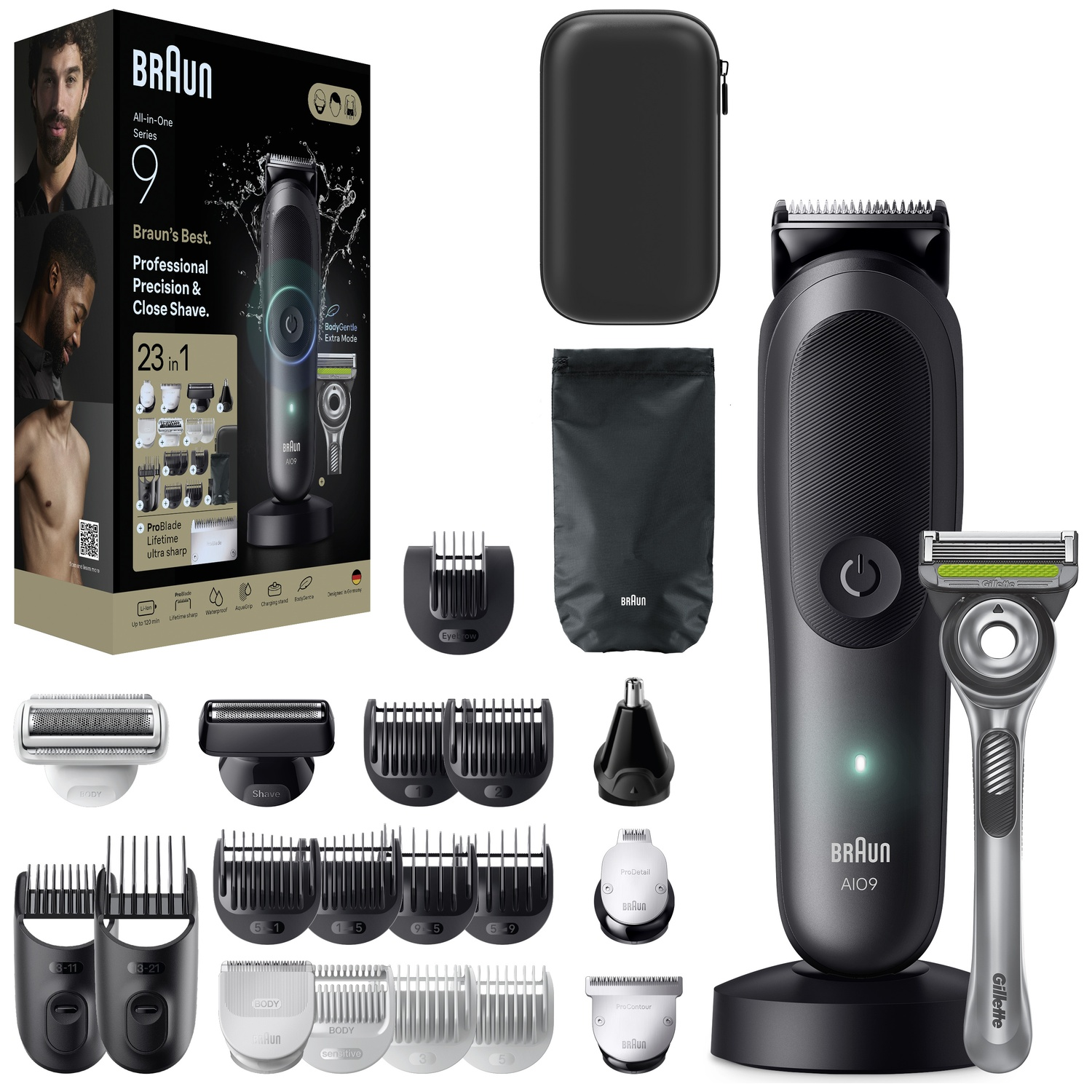 Braun All-in-One Series 9 trimset met etui, trimmer, diverse opzetstukken en een Gillette scheermes.