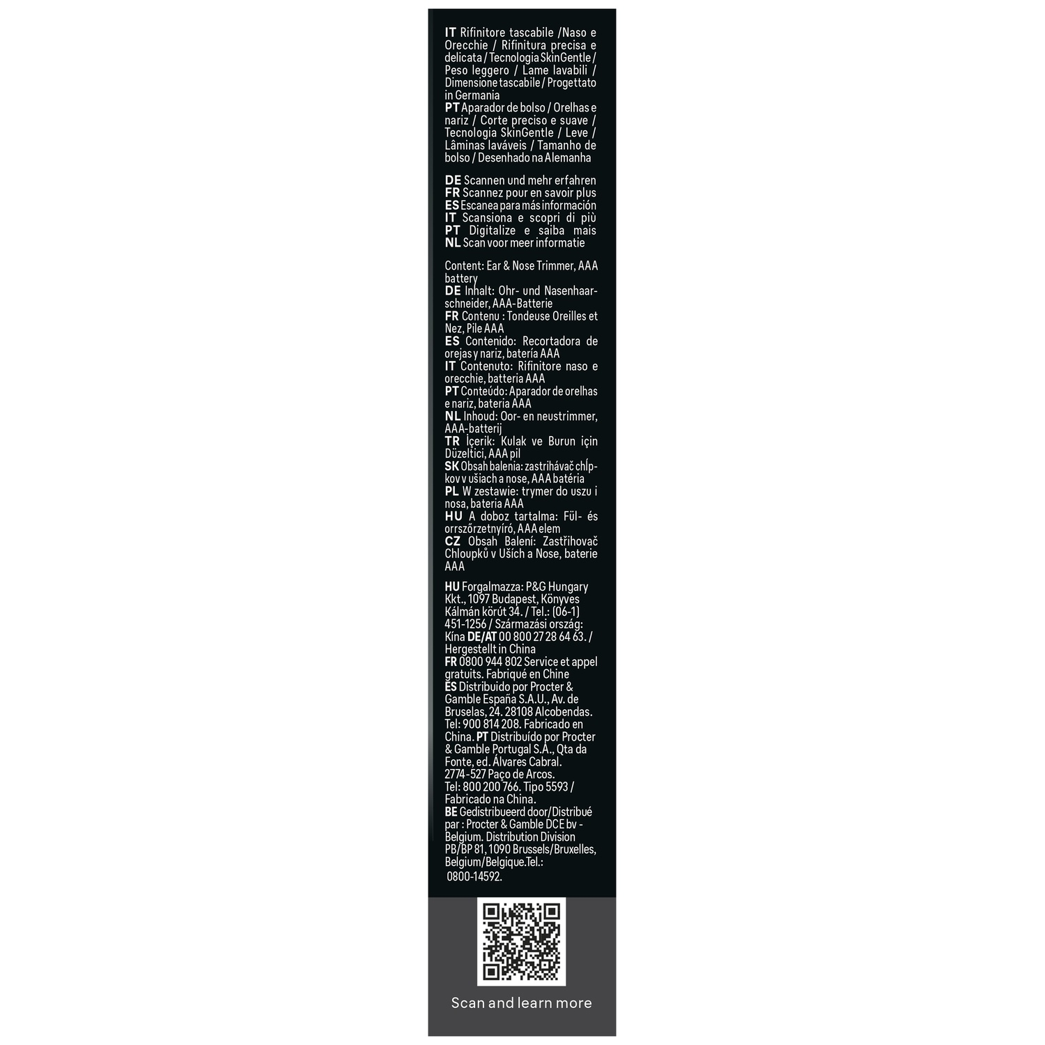 Dos d'un emballage avec informations multilingues, liste du contenu et un code QR en bas.