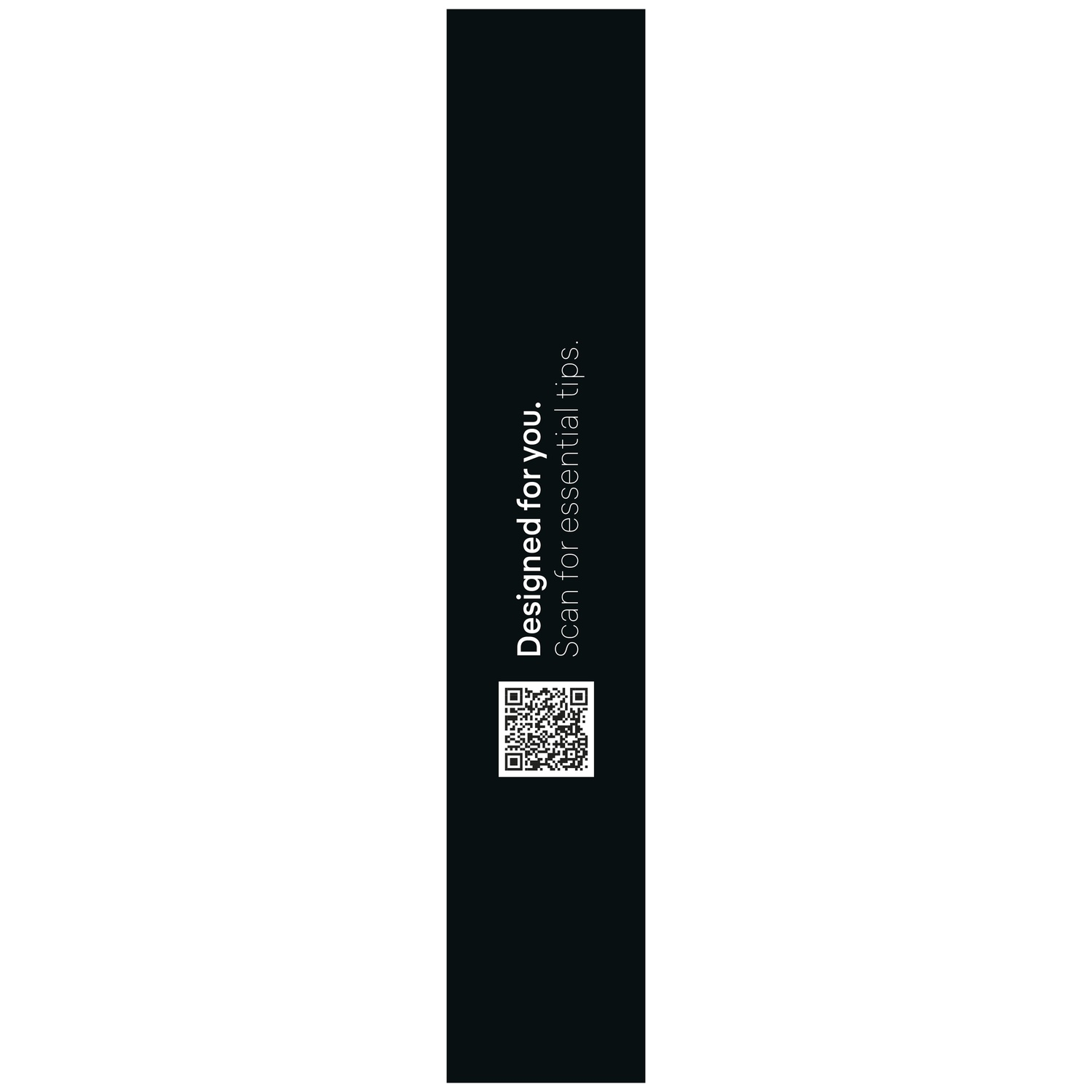 Bande noire avec texte blanc Designed for you et un code QR.