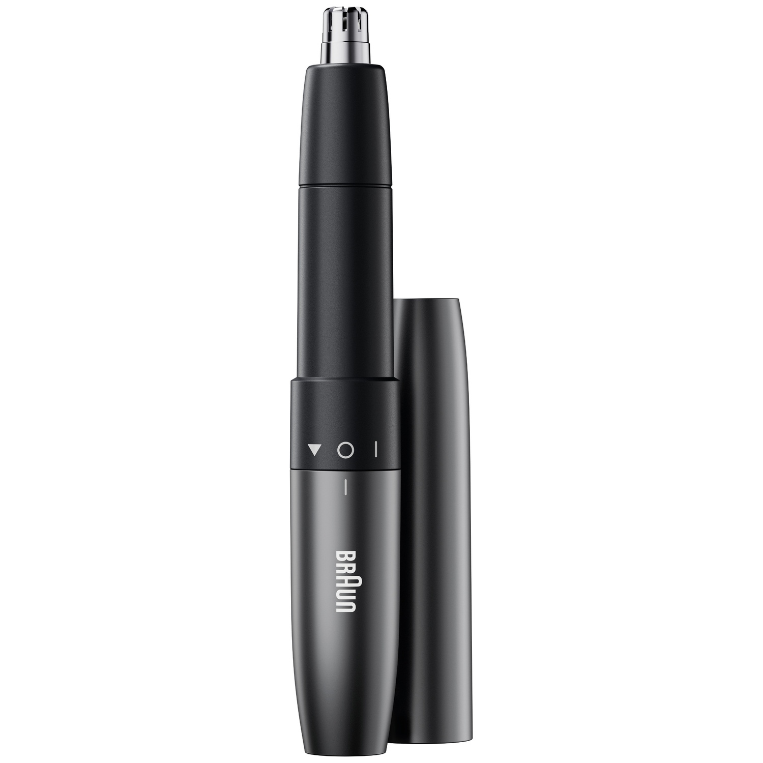 Une tondeuse à poils de nez Braun grise avec son capuchon de protection retiré sur fond blanc.
