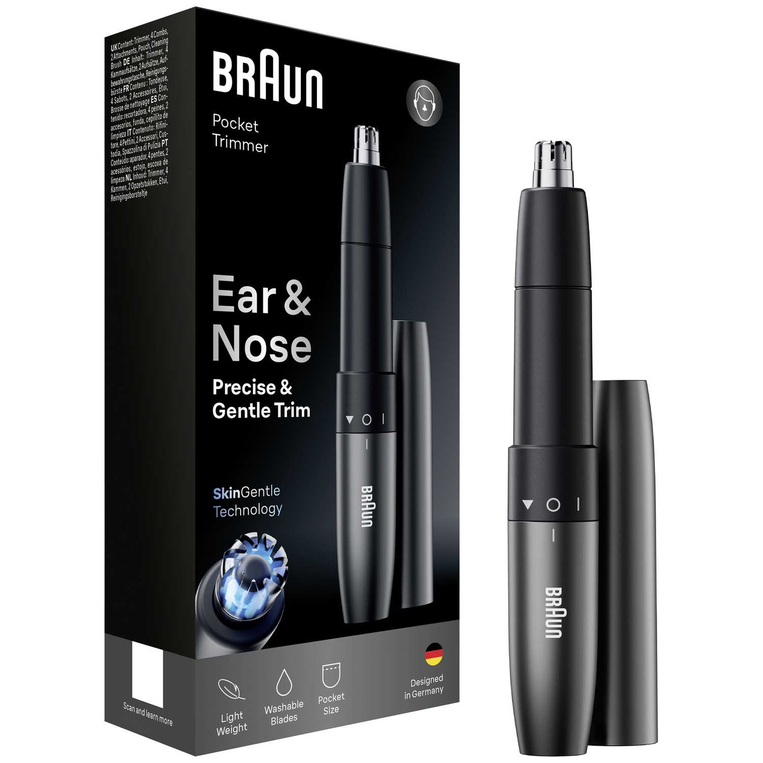 Une tondeuse nez et oreilles Braun noire se tient à côté de sa boîte.