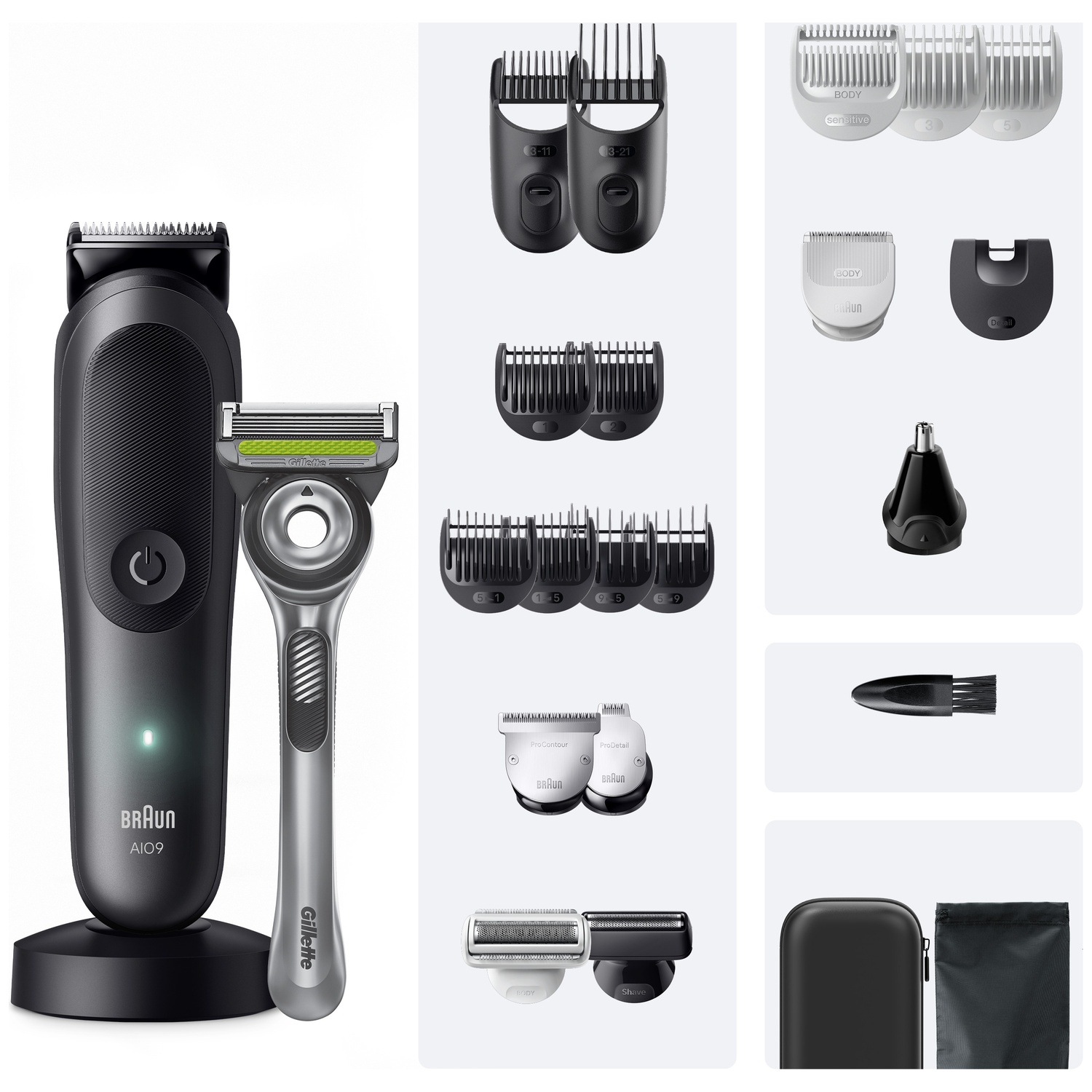Braun verzorgingsset met zwarte trimmer, Gillette scheermes en diverse opzetstukken op een grijze achtergrond.