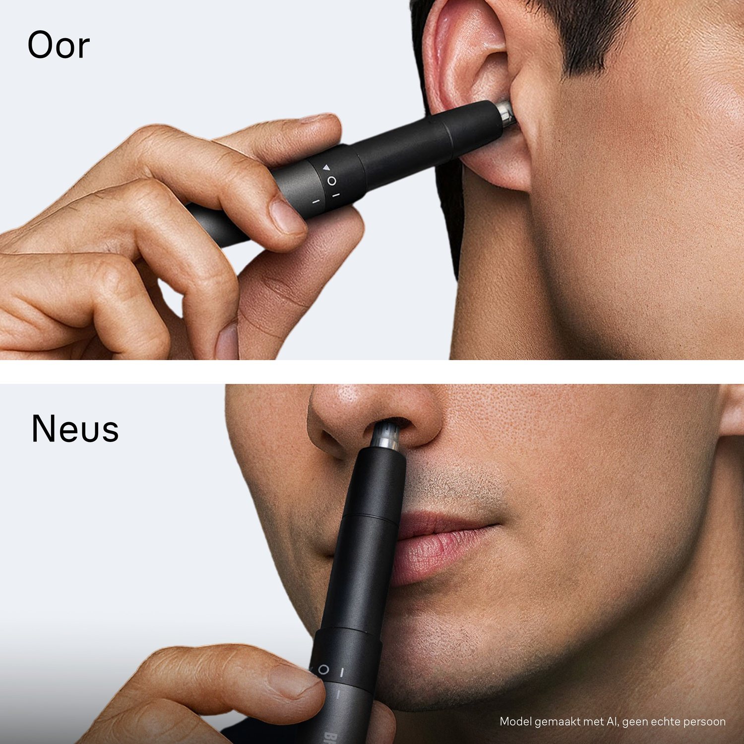 Un homme utilise une tondeuse noire pour couper les poils du nez et des oreilles.