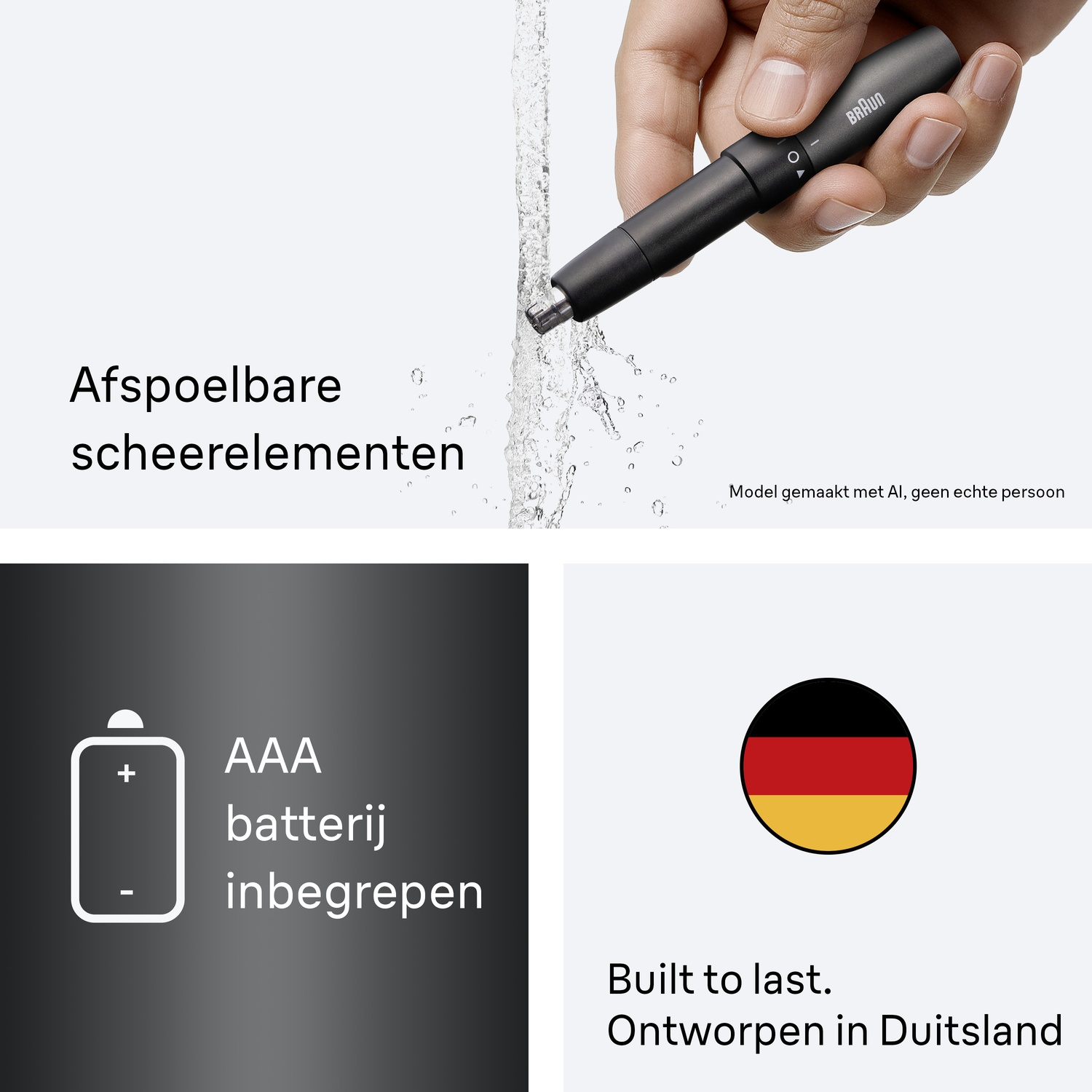 Une main tient une tondeuse nez Braun noire sous l'eau courante, avec du texte en néerlandais.