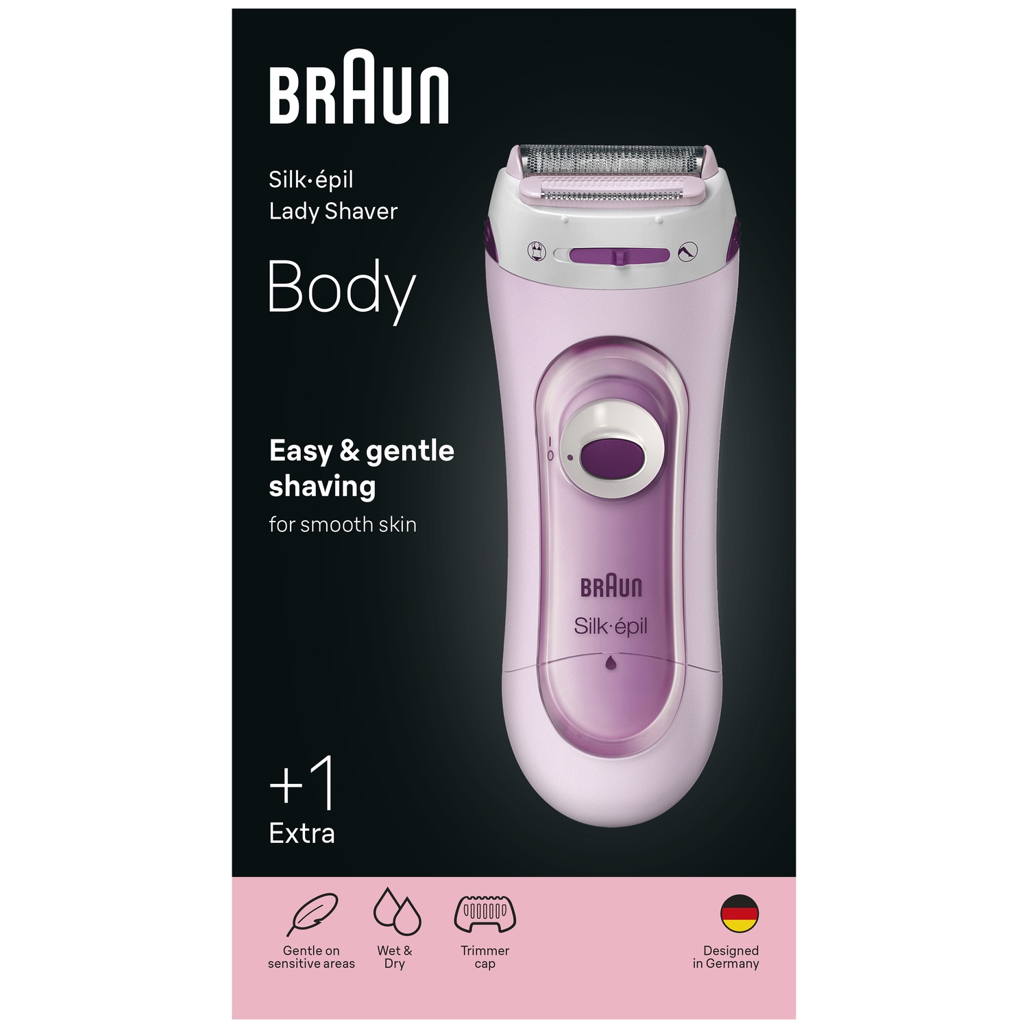 Un rasoir corporel Braun Silk-épil rose et blanc sur fond noir avec texte et icônes.