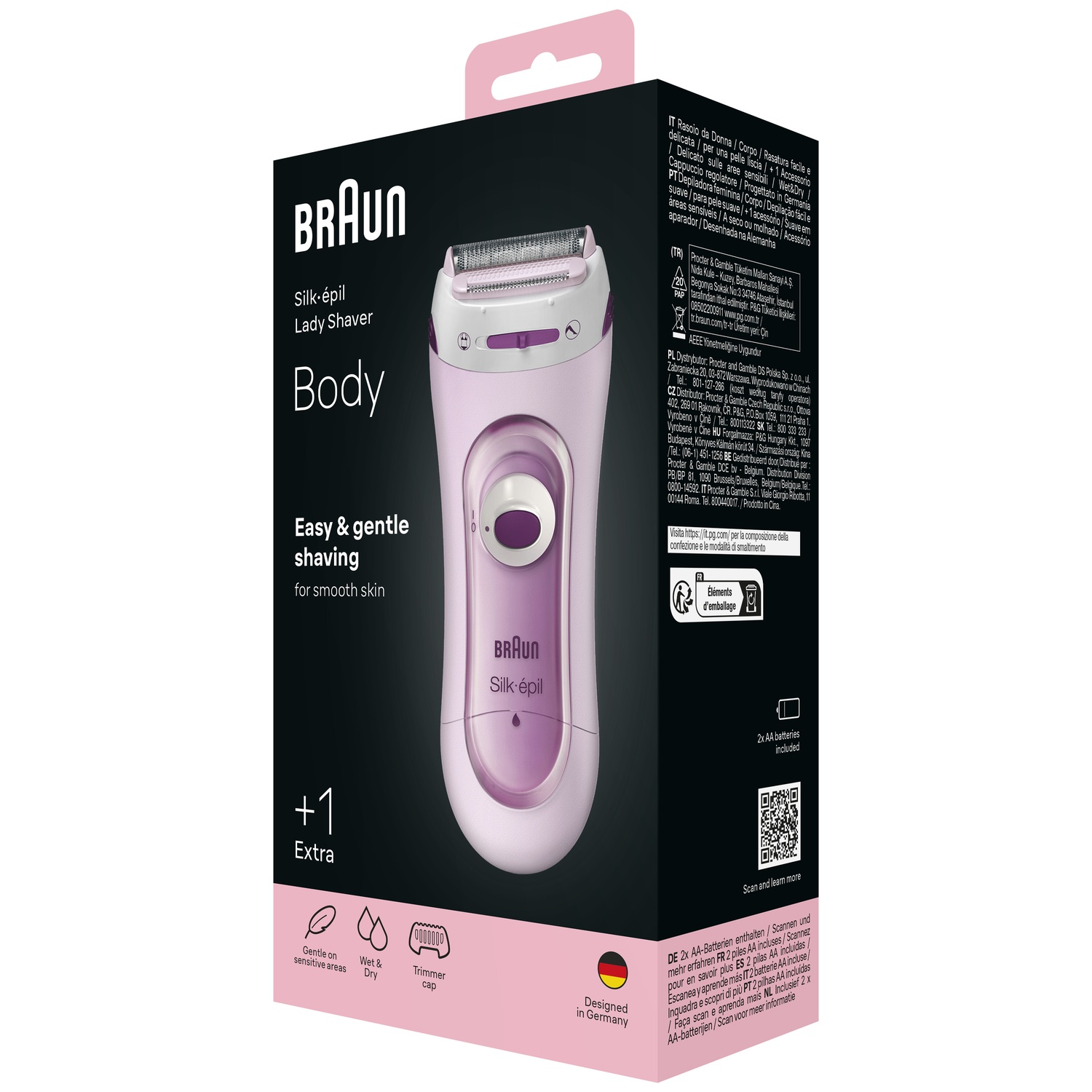 Emballage du rasoir corporel Braun Silk-épil Lady en rose et blanc avec une image du rasoir.
