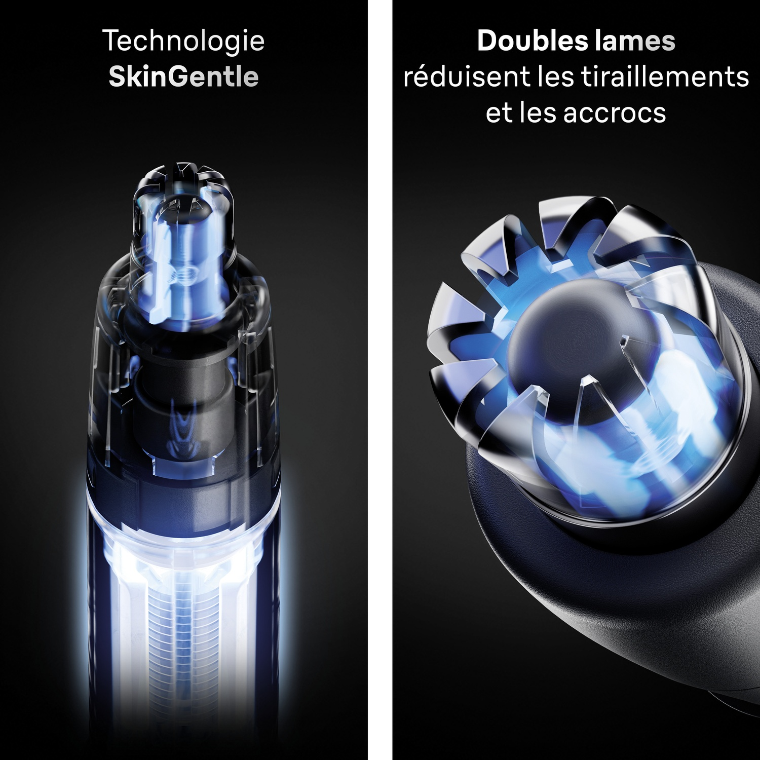 Gros plan d'une tondeuse nez-oreilles avec technologie SkinGentle et double lame sur fond noir.