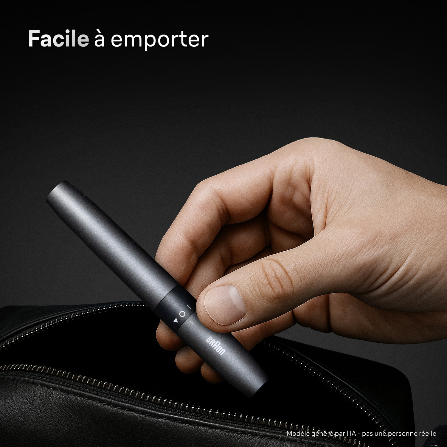 Une main place un appareil cylindrique Braun dans un sac en cuir noir. Texte en français.