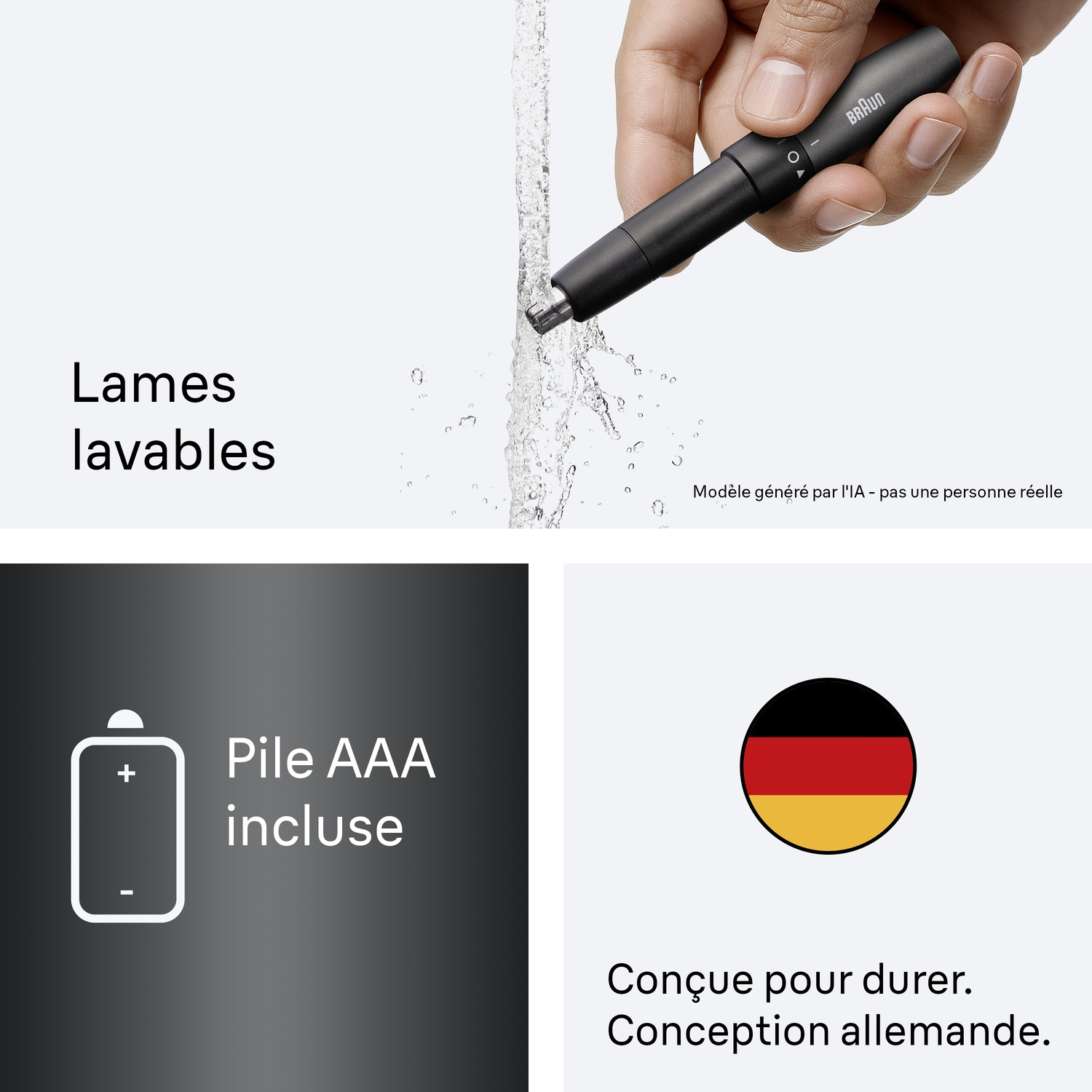 Main tenant une tondeuse sous l'eau avec texte sur les lames lavables, la pile et la conception allemande.