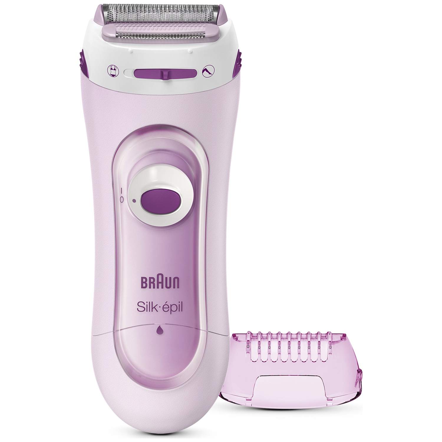Rasoir pour femme Braun Silk-épil violet clair et blanc avec un sabot de tonte violet amovible à côté.