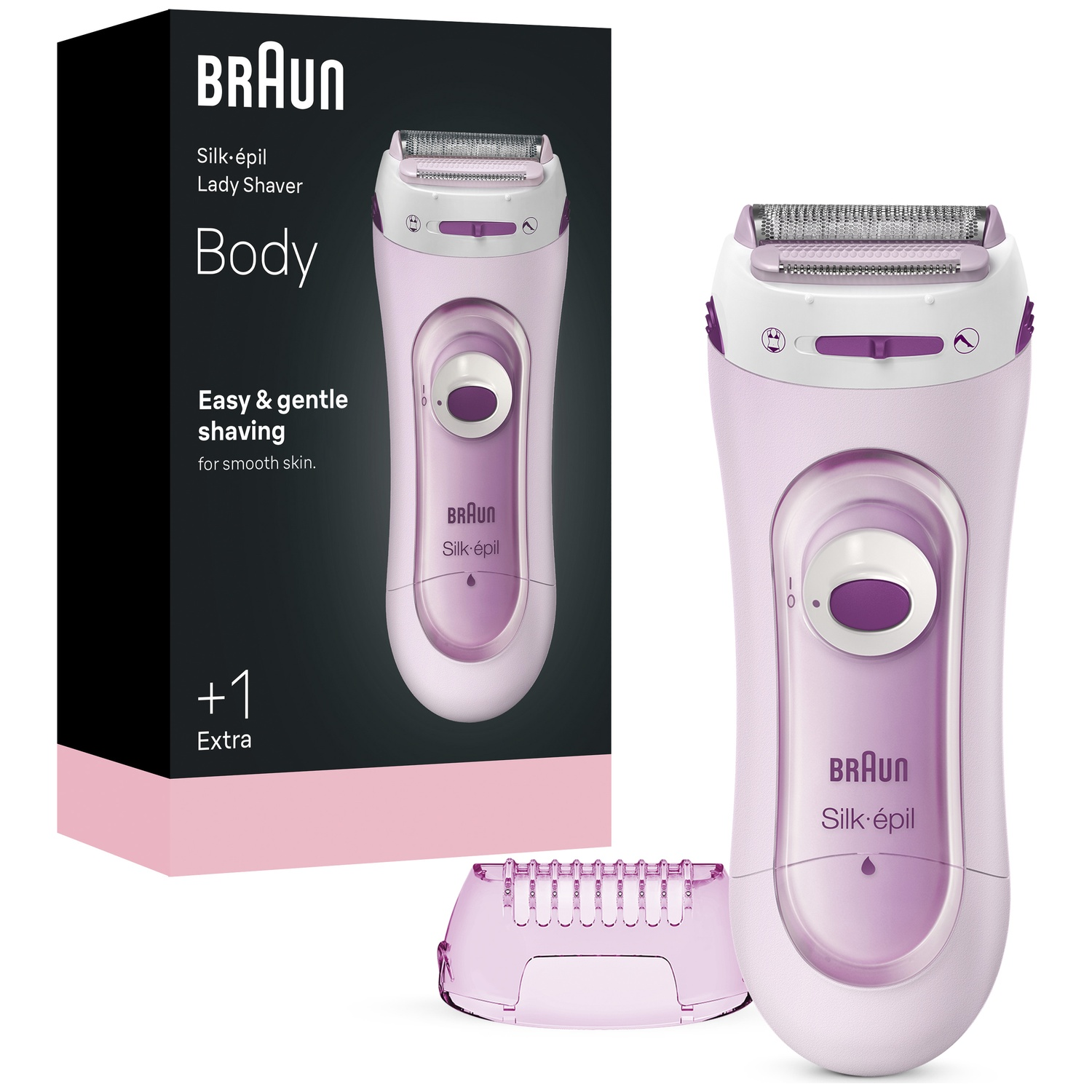 Rasoir pour femme rose Braun Silk-épil devant un emballage noir avec un accessoire.