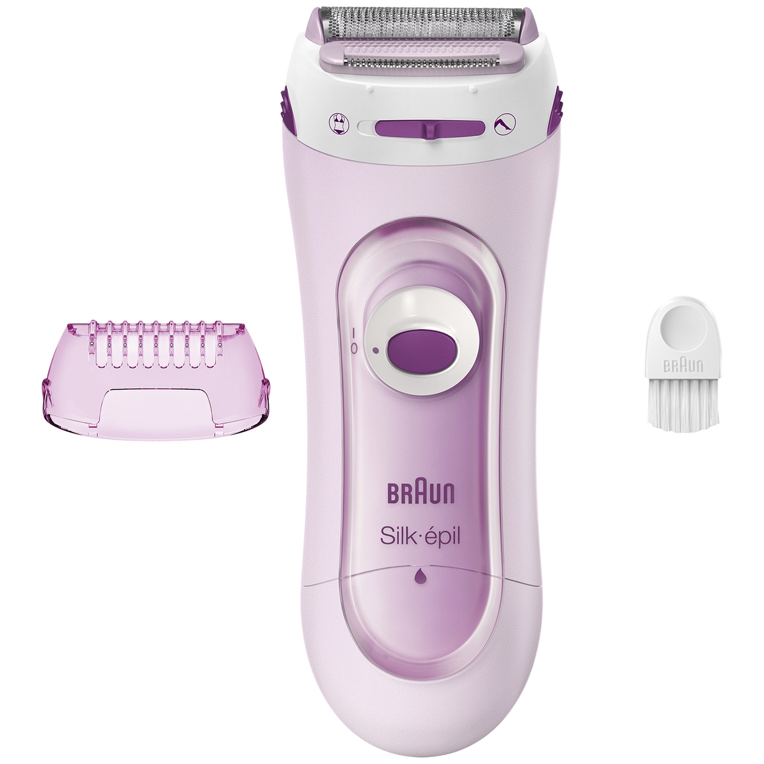 Rasoir Braun Silk-épil violet avec accessoire et brosse sur fond blanc.