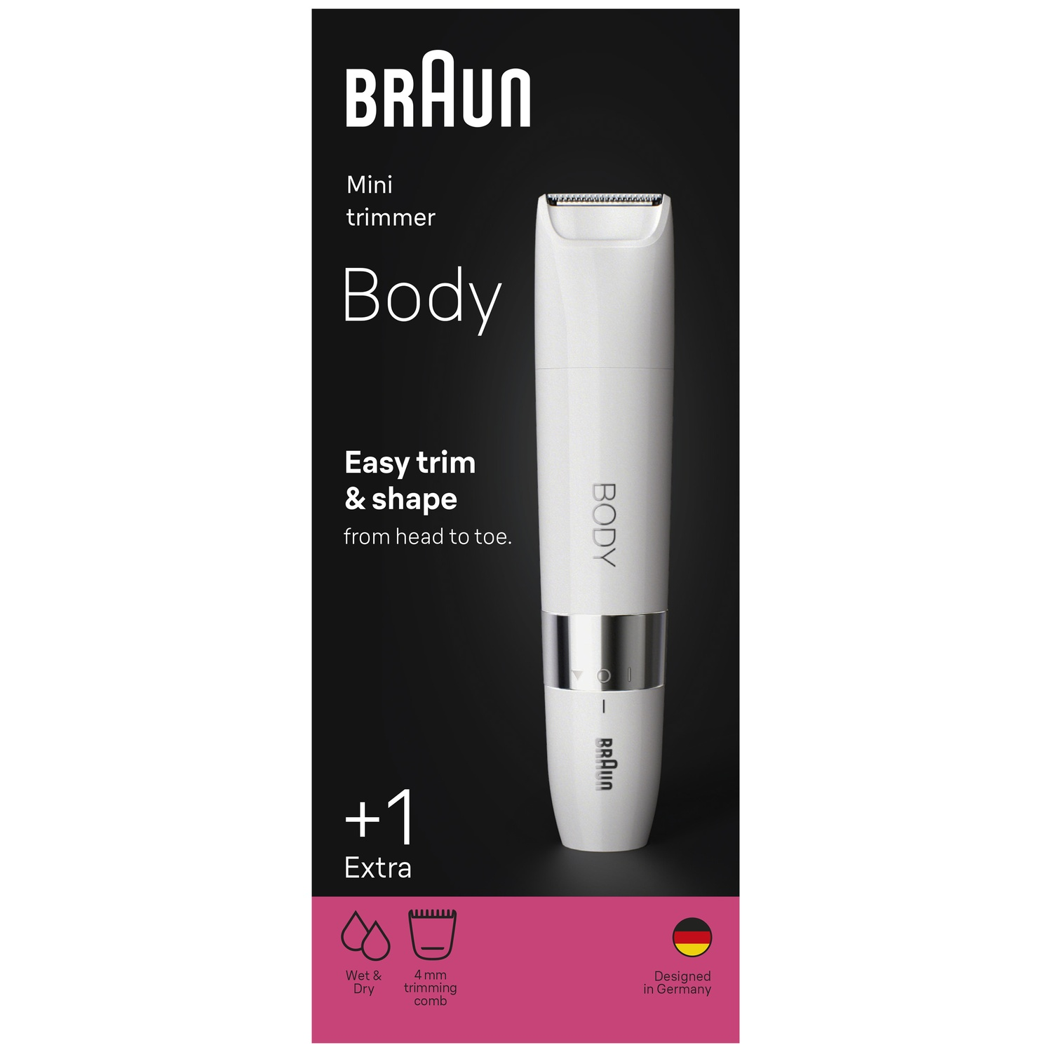 Une mini tondeuse corps Braun blanche sur fond noir avec du texte blanc.