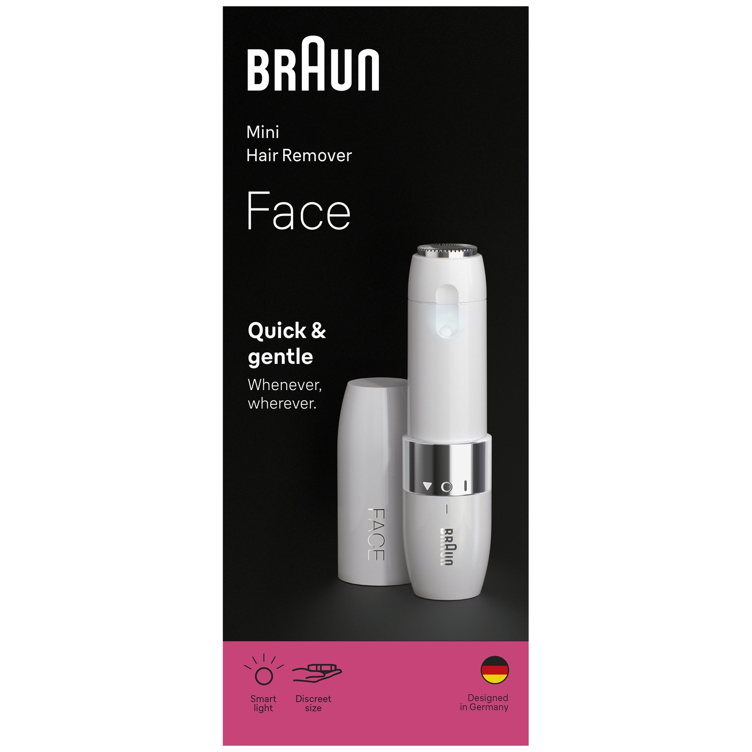 Emballage de produit pour un épilateur facial Braun Mini blanc sur fond noir.