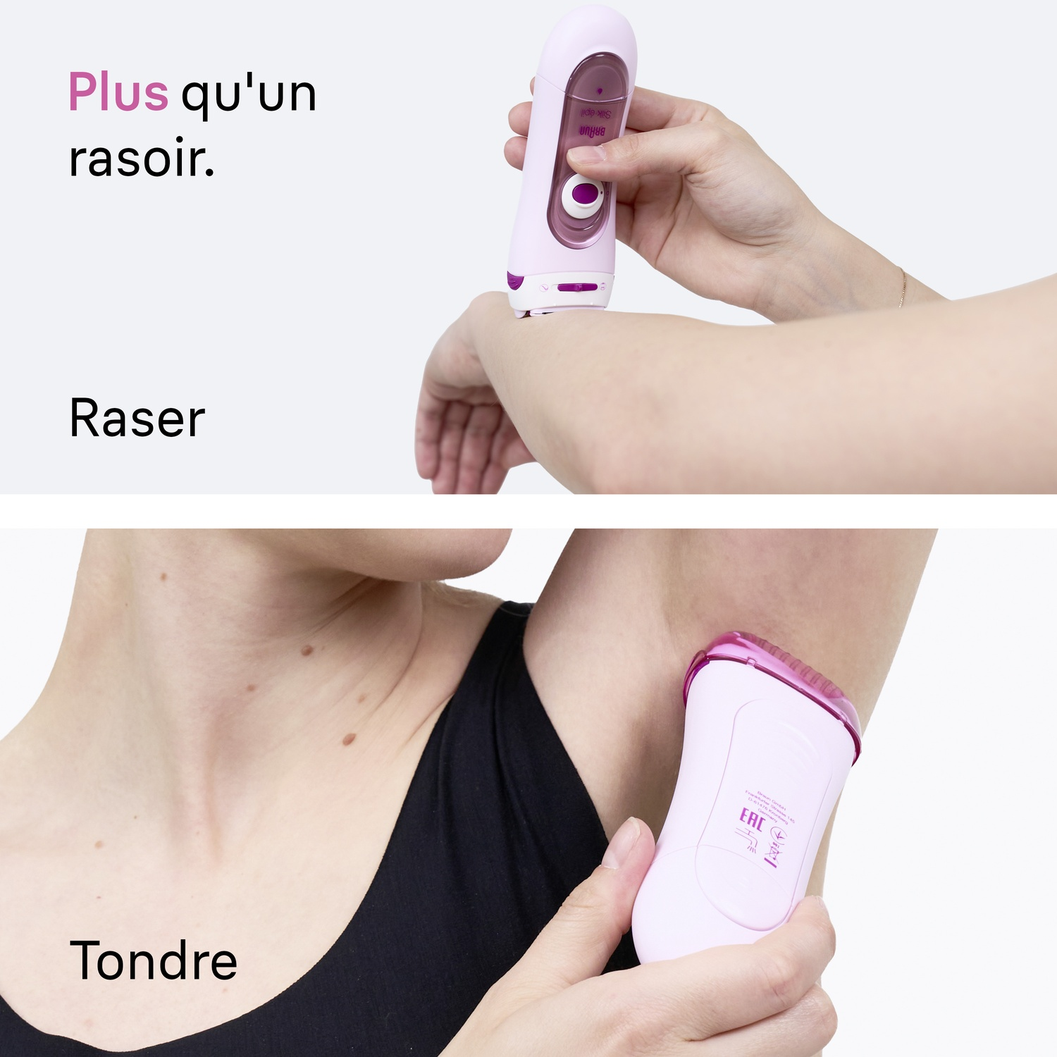 Une main tient un rasoir rose contre un bras et une aisselle.