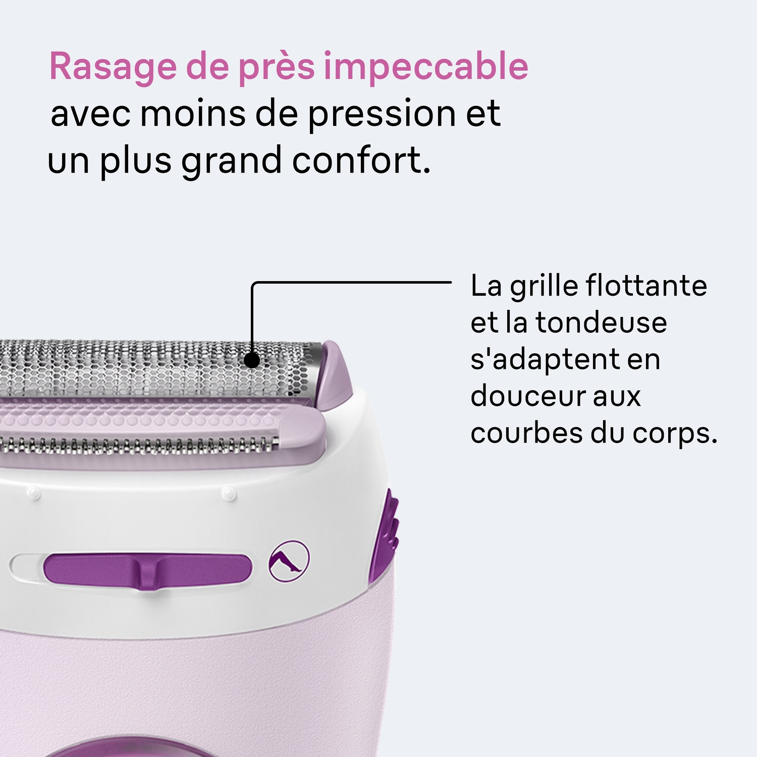 Gros plan d'une tête de rasoir pour femme mauve et blanche avec grille flottante et texte sur fond blanc.