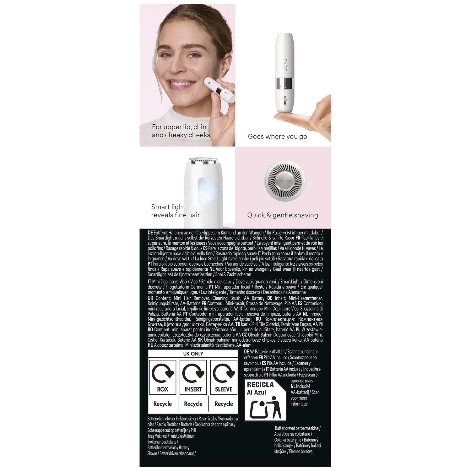 Une femme utilisant un épilateur facial blanc avec lumière intelligente.