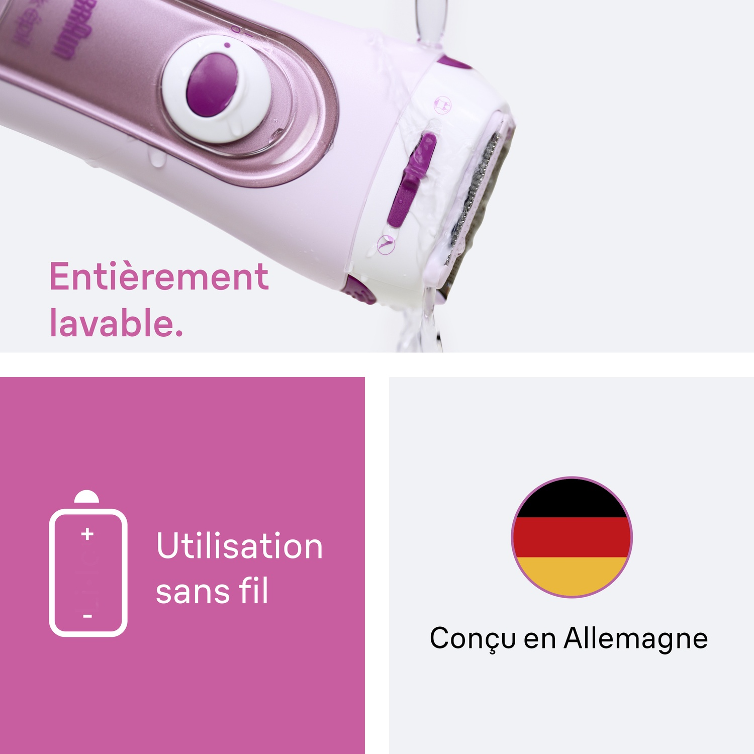 Rasoir lavable avec icône de batterie et drapeau allemand.