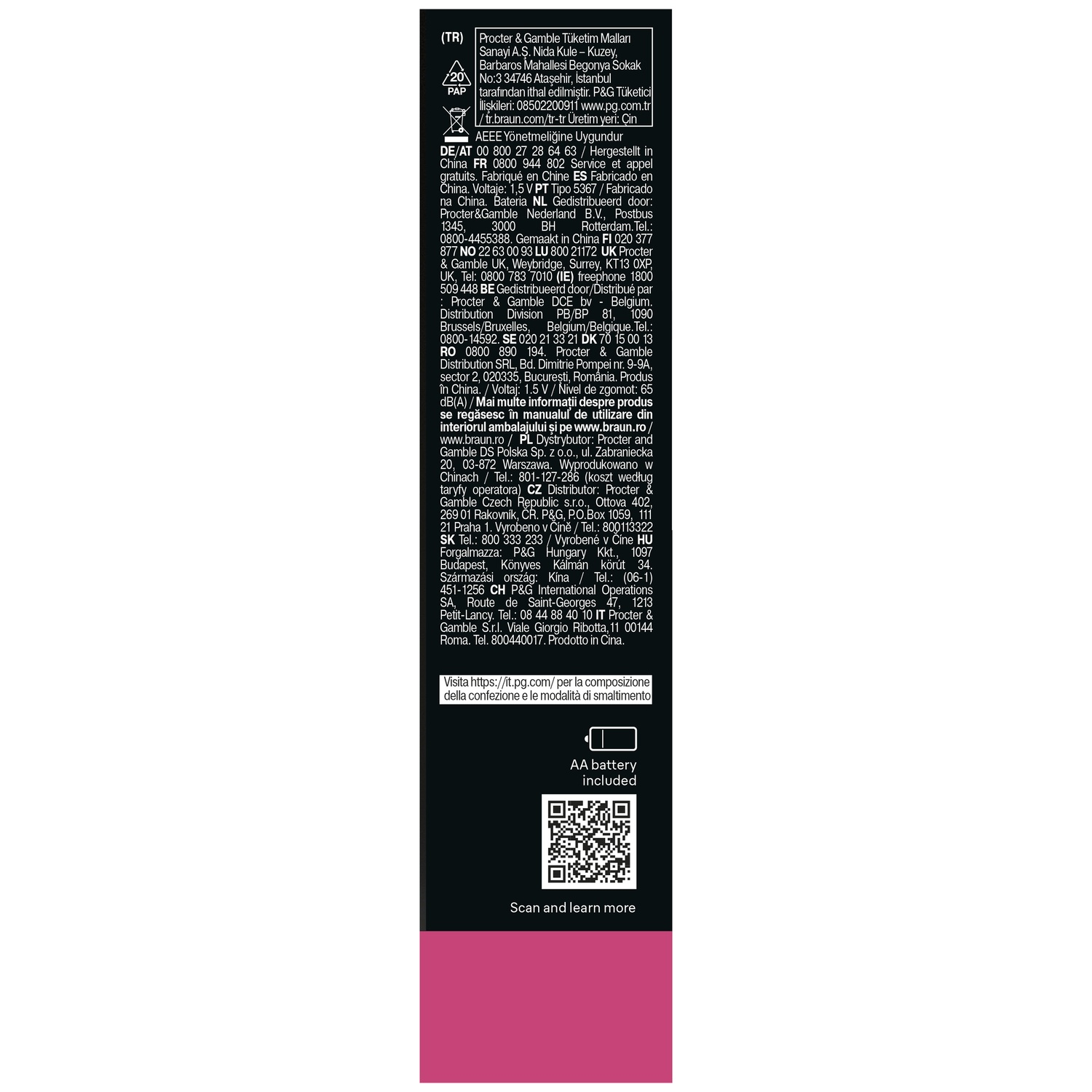 Informations produit et coordonnées de Procter & Gamble sur l'emballage, avec un code QR et un avis de pile.