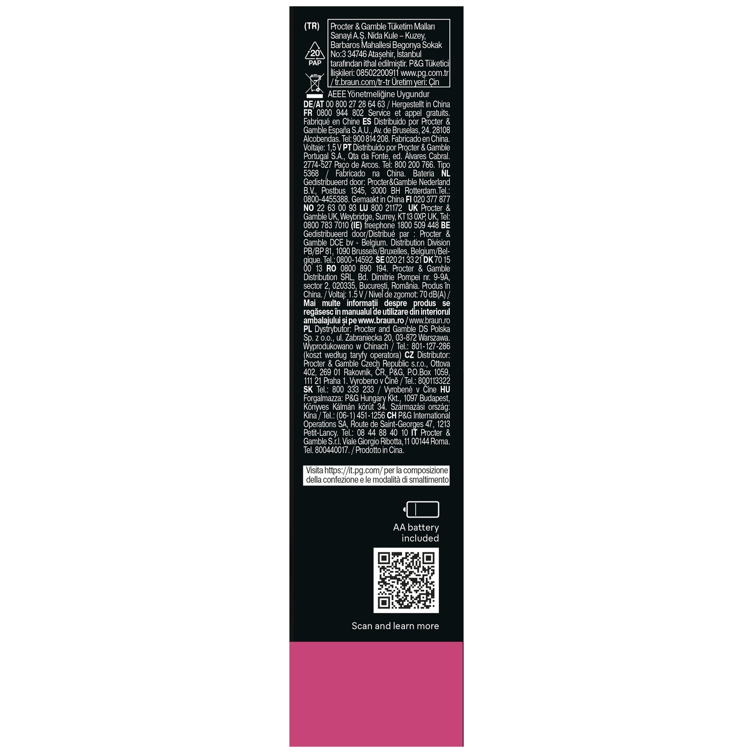 Informations sur le produit et code QR sur étiquette noire.