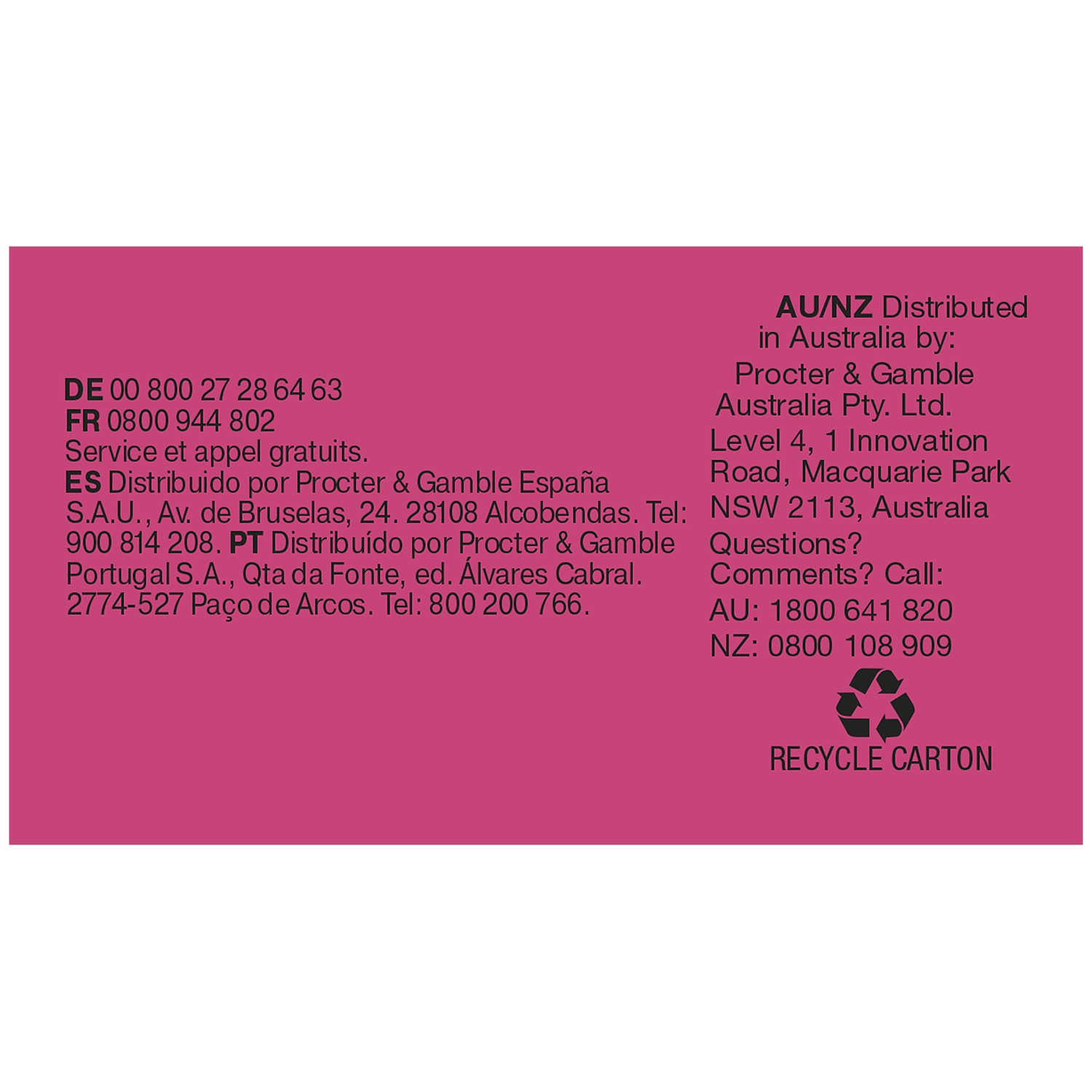 Dos d'emballage rose avec coordonnées, numéros pour DE, FR, ES, PT, AU, NZ et symbole de recyclage.