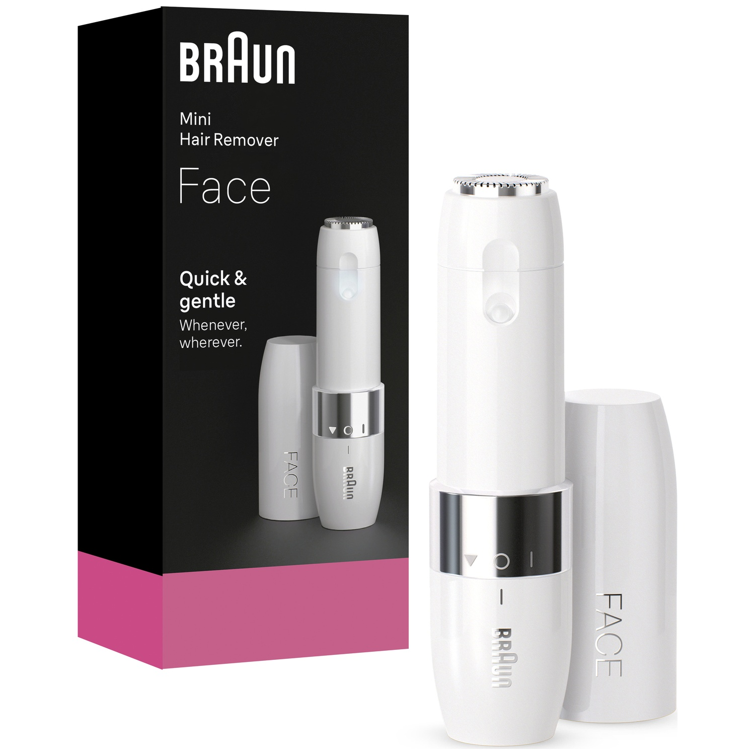 Un mini épilateur Braun blanc se trouve devant son emballage noir et rose.