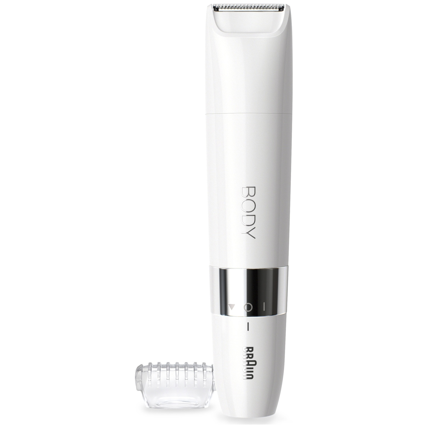 Un tondeur corporel Braun blanc avec bande argentée et peigne amovible transparent sur fond blanc.