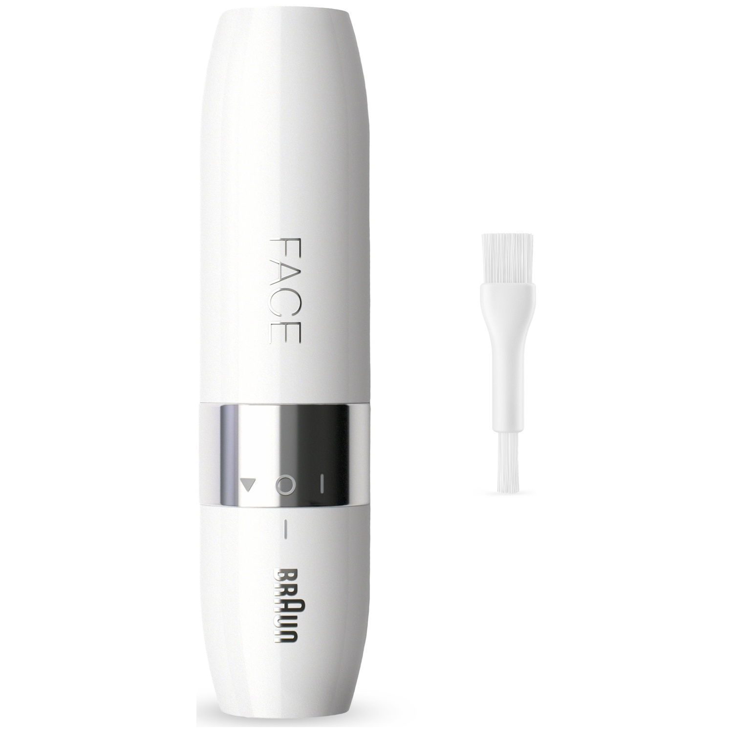 Un épilateur facial Braun blanc avec des accents argentés et une petite brosse de nettoyage sur fond blanc.