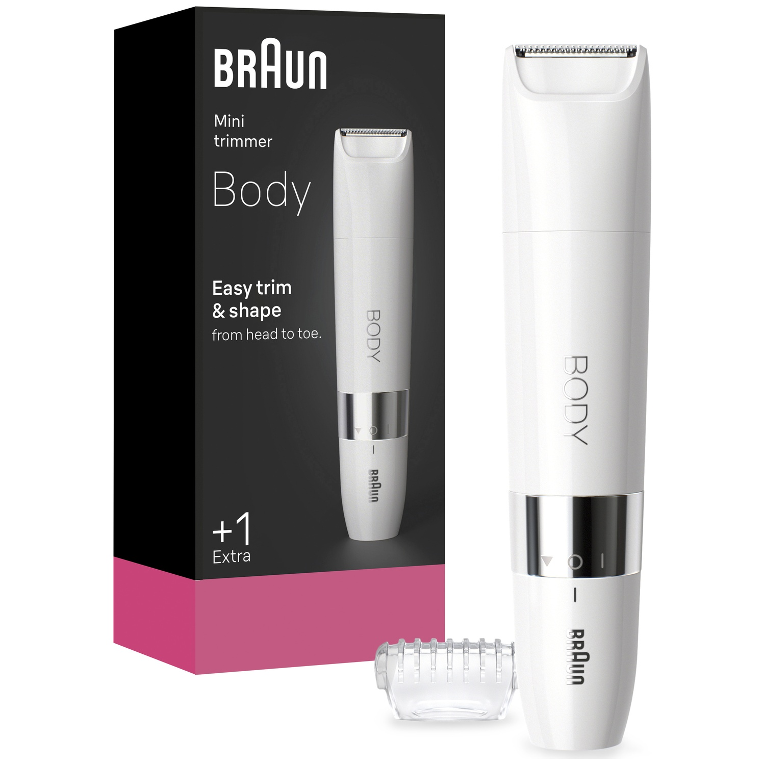 Une mini-tondeuse corporelle Braun blanche se trouve à côté de sa boîte d'emballage noire et d'un sabot transparent.