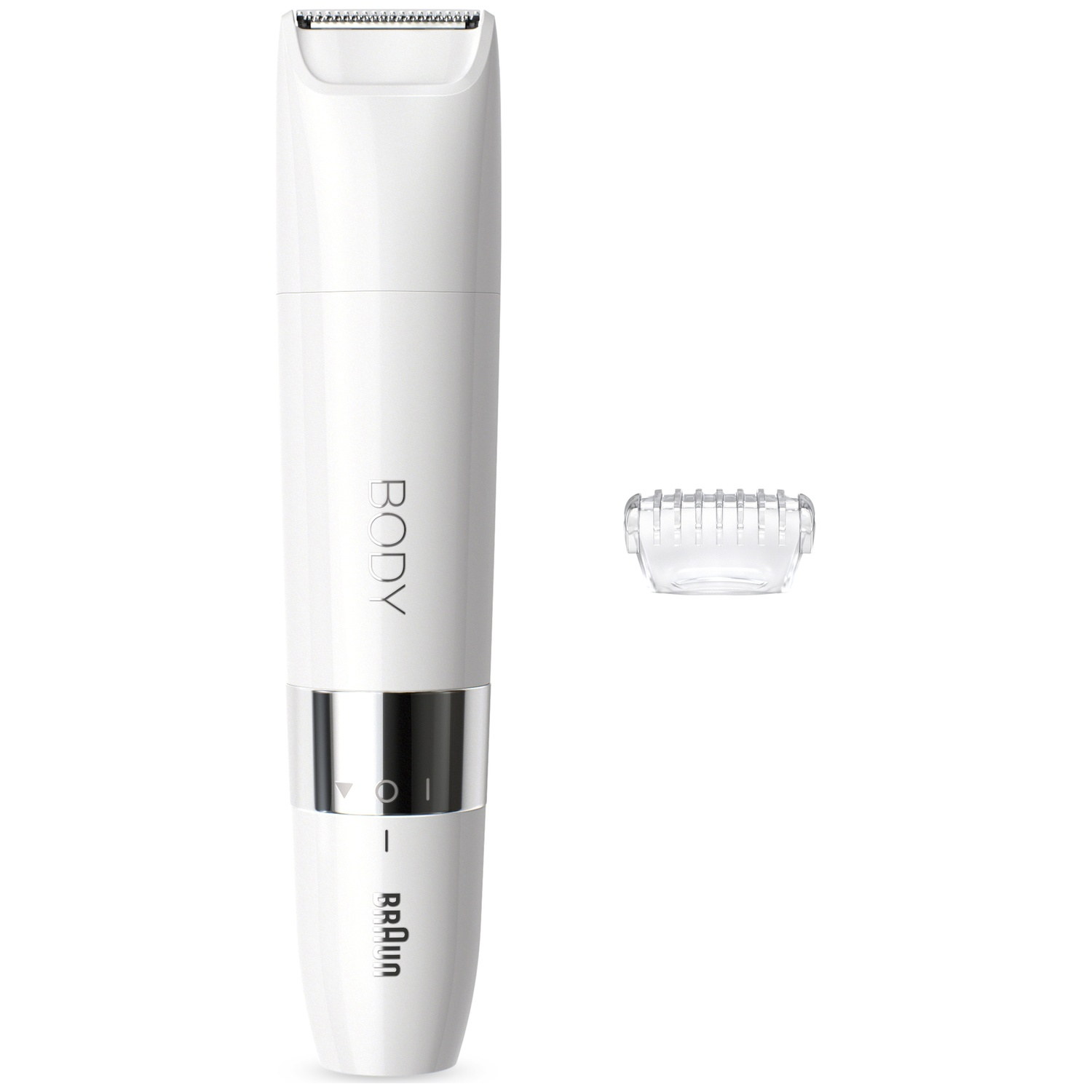 Un rasoir corporel Braun blanc avec un peigne accessoire sur fond blanc.