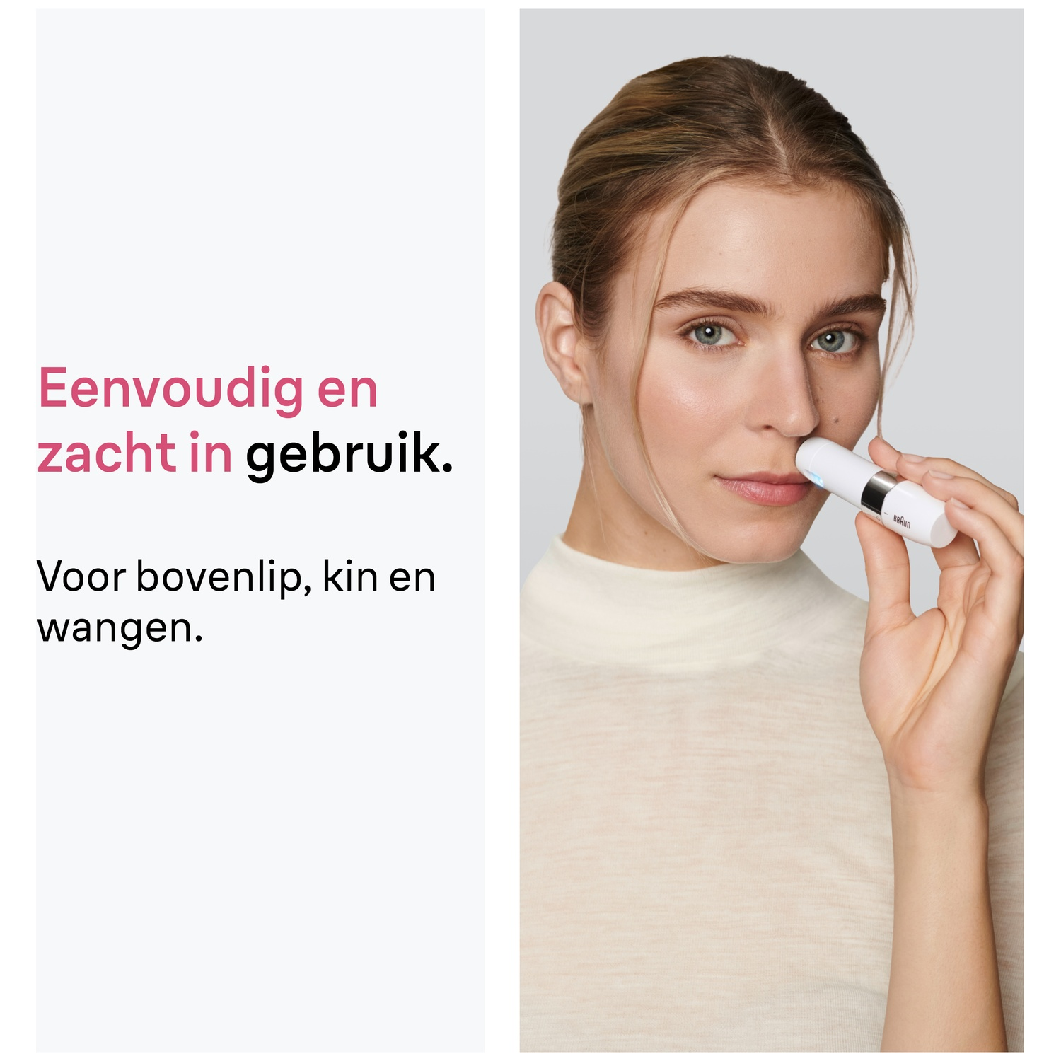 Une femme utilise un petit épilateur facial blanc sur sa lèvre supérieure, avec du texte à gauche.