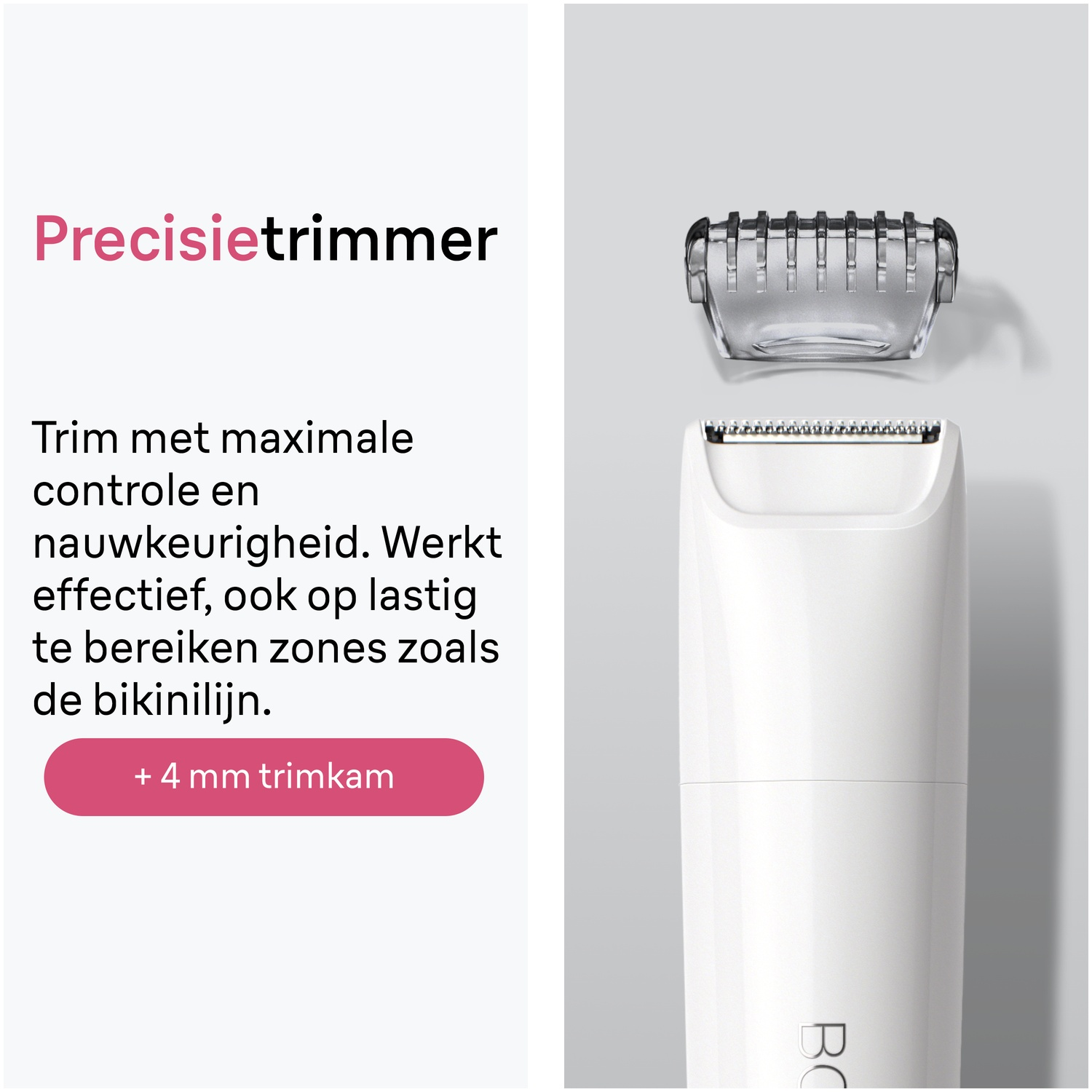 Tondeuse de précision blanche avec peigne amovible et texte.