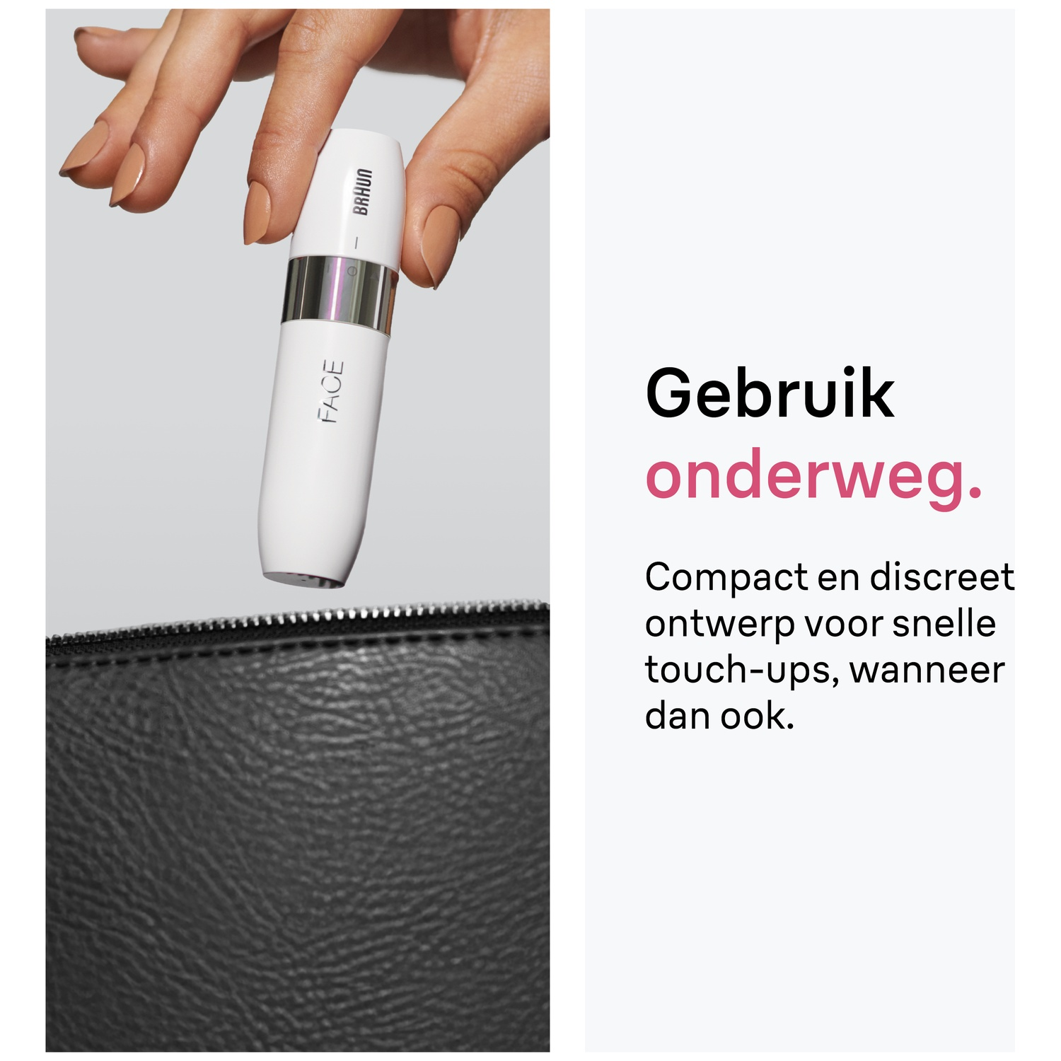 Une main tient un épilateur facial Braun blanc au-dessus d'une pochette en cuir noir avec du texte en néerlandais.