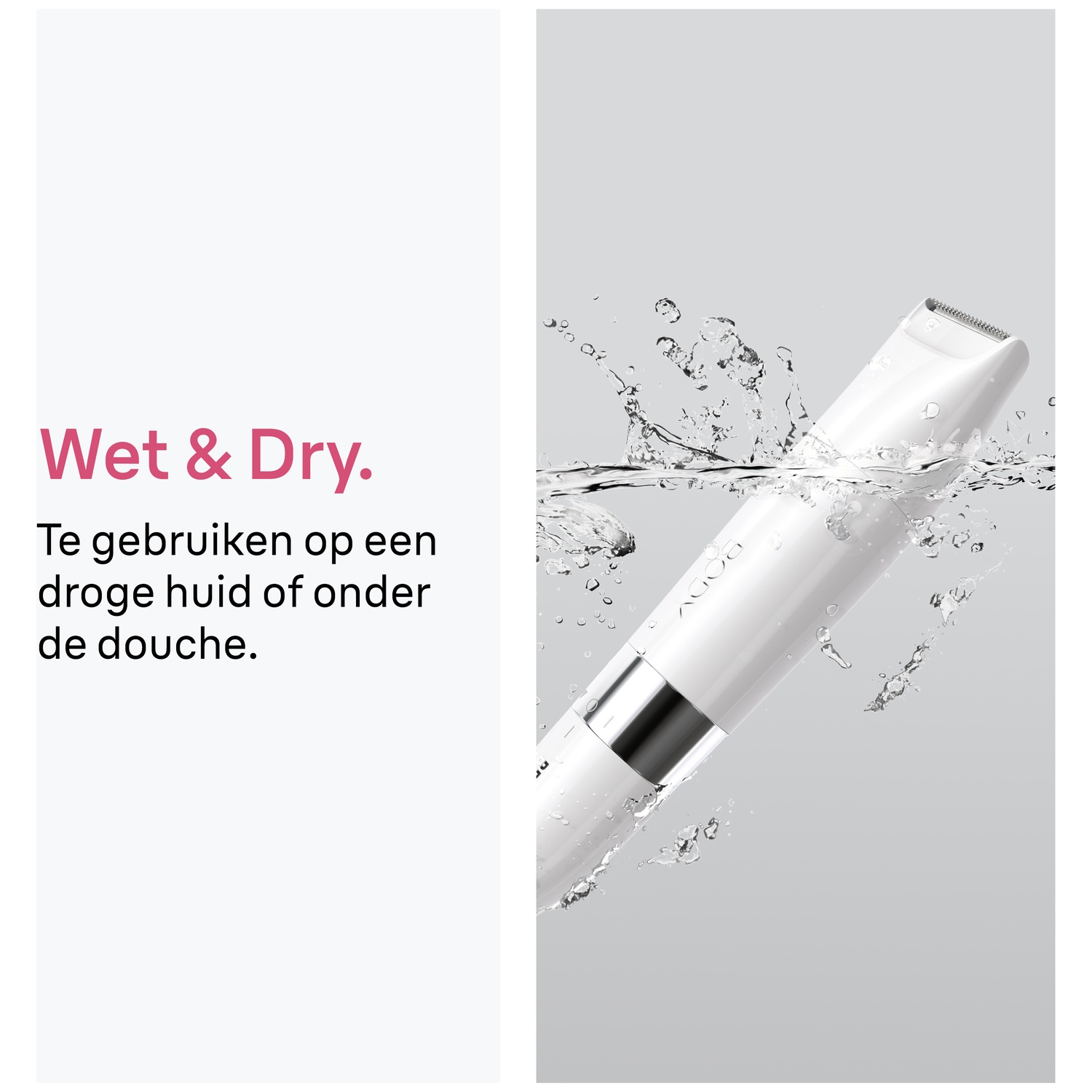 Un rasoir blanc étanche éclaboussant dans l'eau sur fond gris avec le texte Wet and Dry.