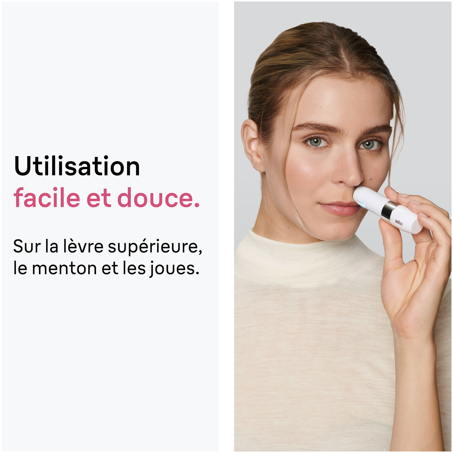 Une femme utilise un épilateur facial blanc. Texte en français à gauche.