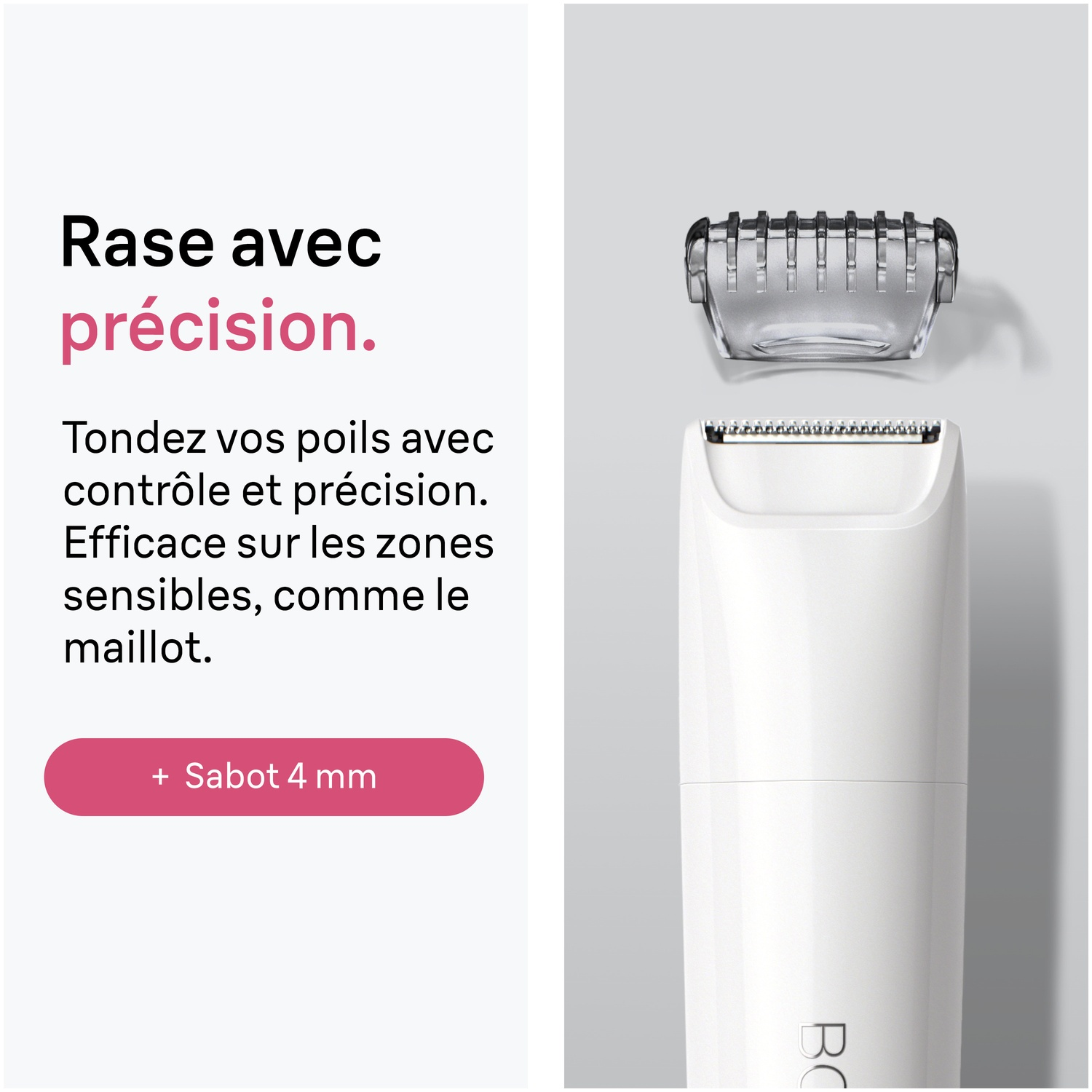 Une tondeuse blanche avec sabot détaché sur fond gris et blanc, accompagnée d'un texte promotionnel.