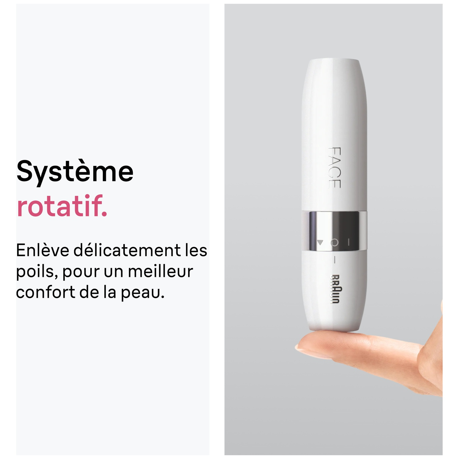 Un épilateur facial Braun blanc en équilibre sur le bout d'un doigt à côté d'un texte en français.
