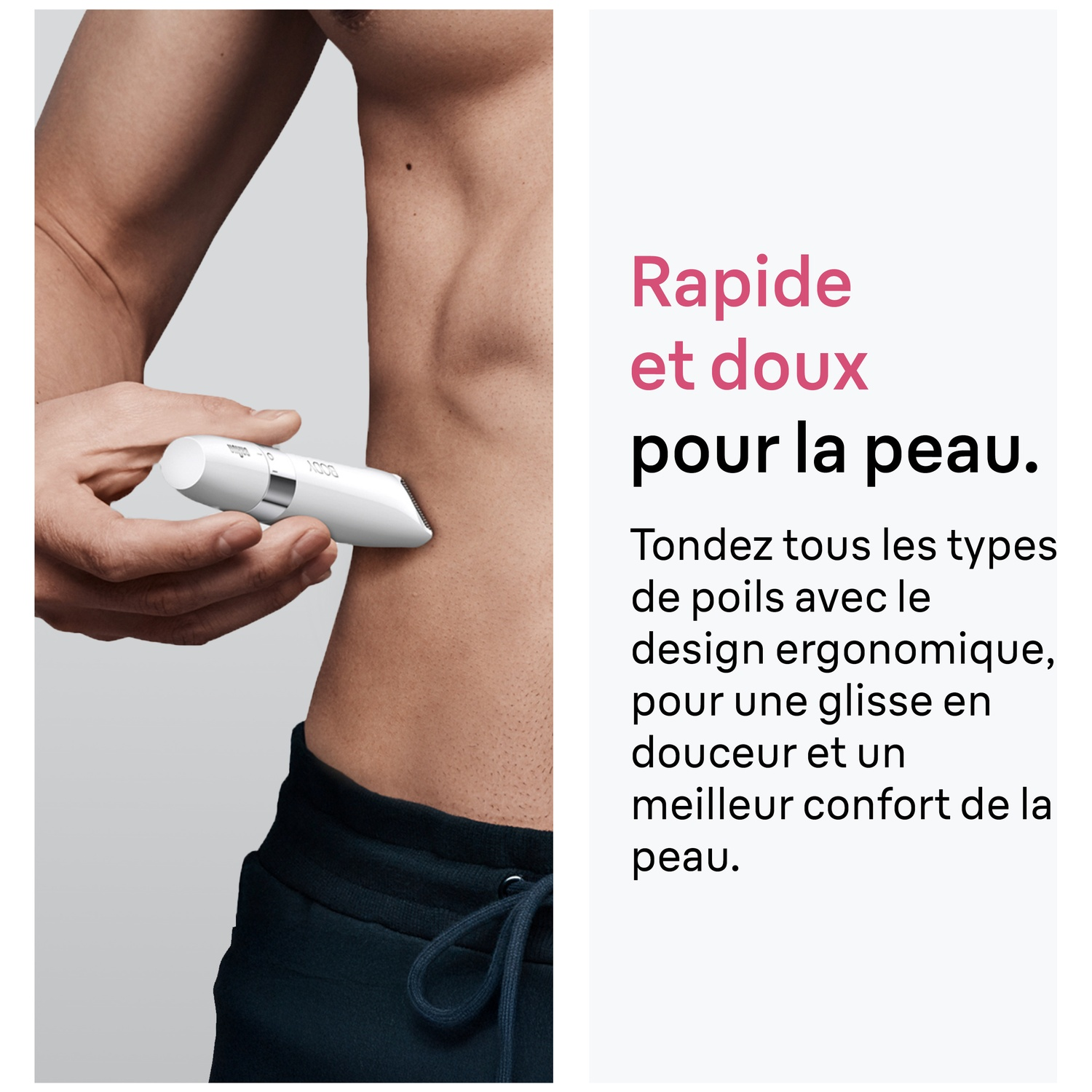 Un homme tient un rasoir corporel blanc contre son torse à côté d un texte promotionnel.