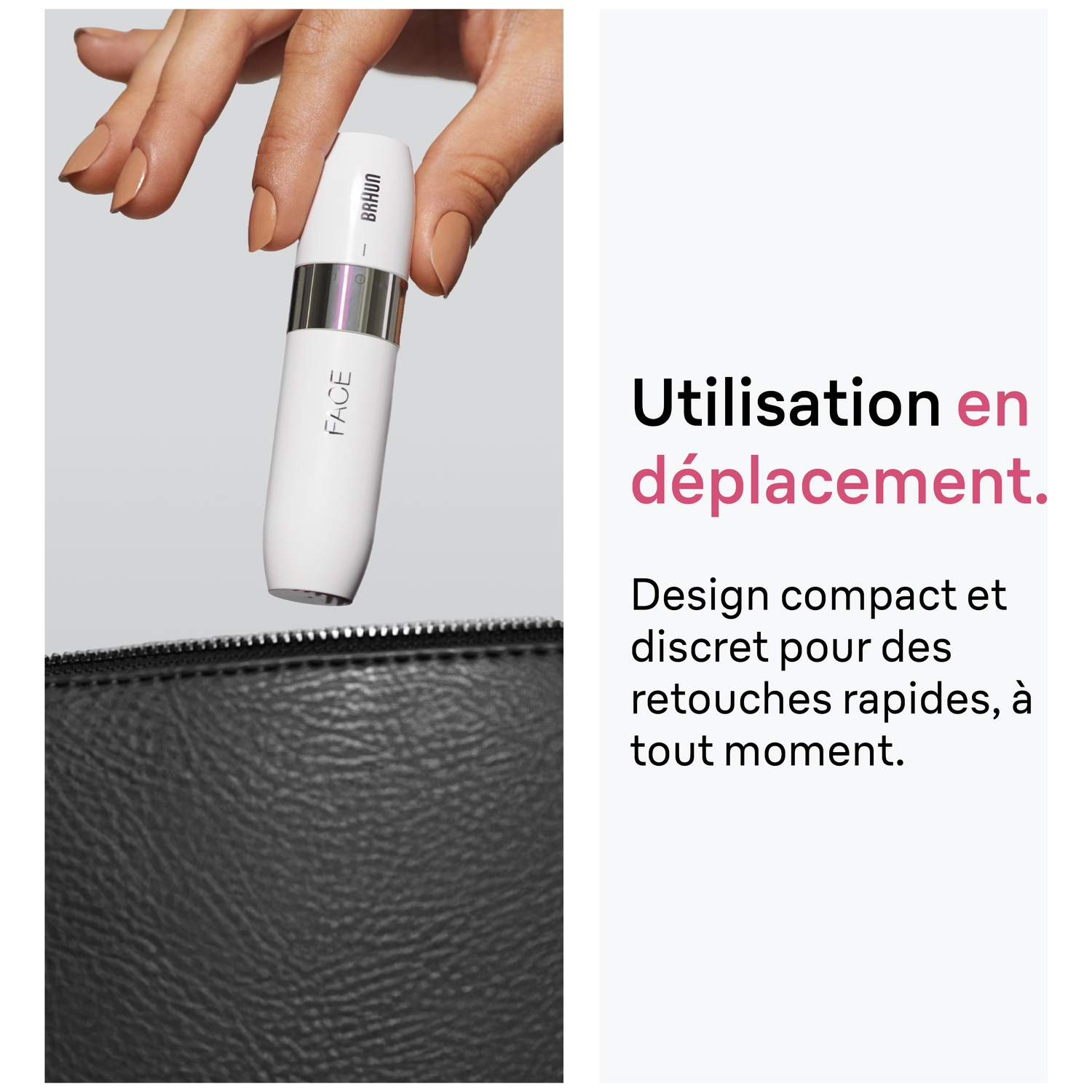Une main tient un épilateur facial Braun blanc au-dessus d'un sac noir avec du texte.