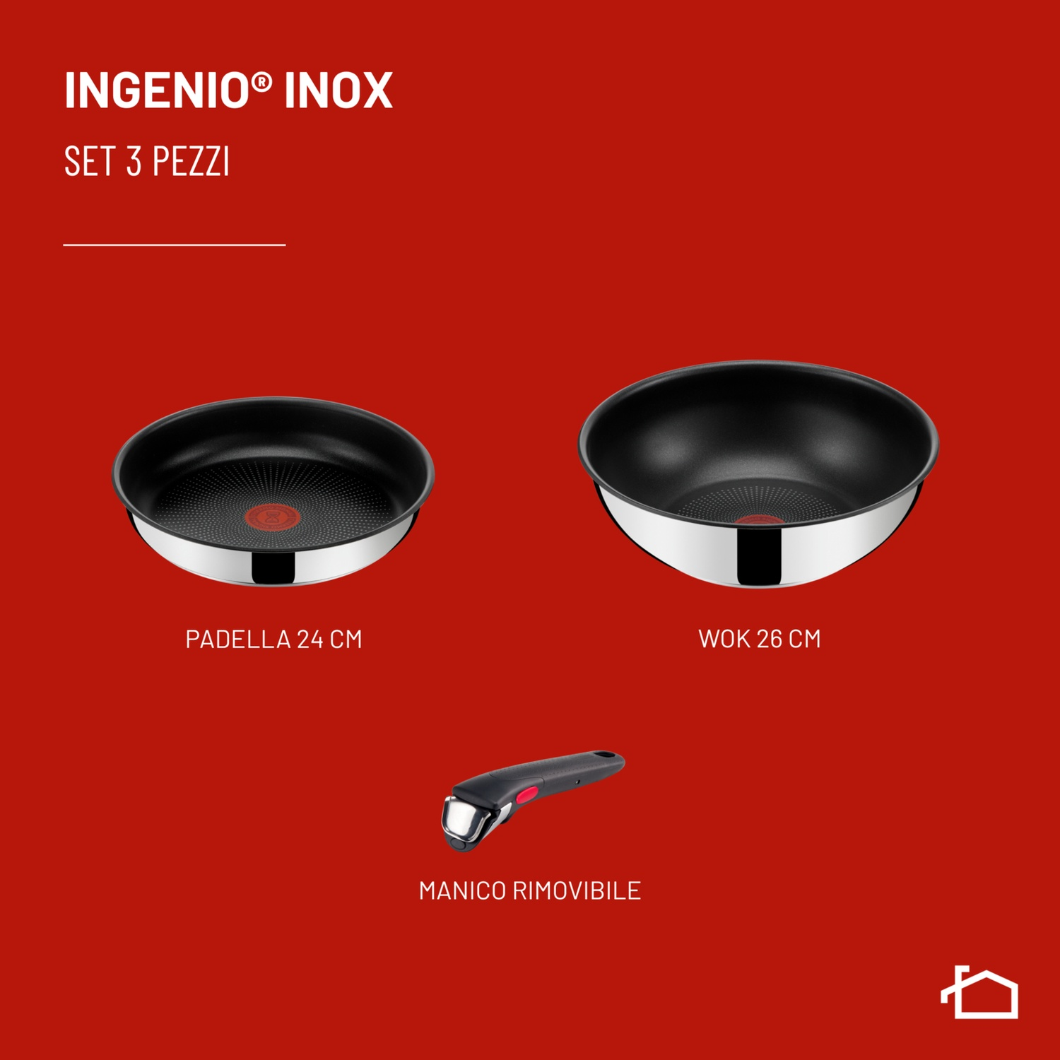 Set 3 pezzi Ingenio Inox: padella 24 cm, wok 26 cm e manico rimovibile su sfondo rosso.