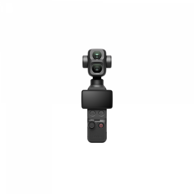 Una cámara negra DJI Osmo Pocket 3 con cabezal de cardán, pantalla y botones sobre un fondo completamente negro.