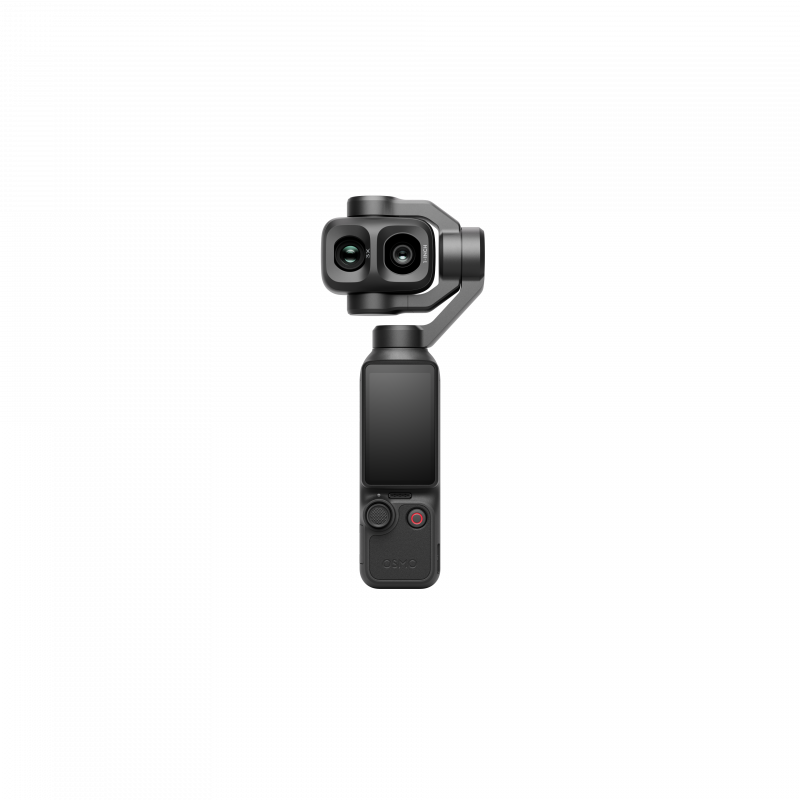 Cámara negra Osmo Pocket 3 con cardán, doble lente, pantalla y botones de control sobre fondo negro.