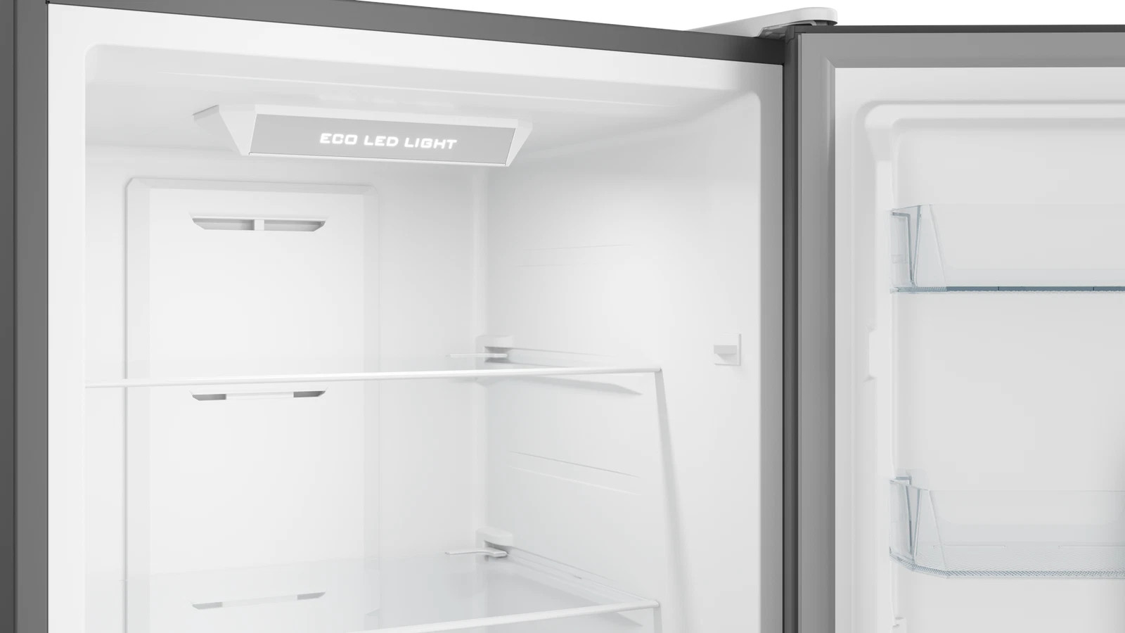 Wnętrze otwartej lodówki z białymi ścianami, światłem Eco LED i półkami.