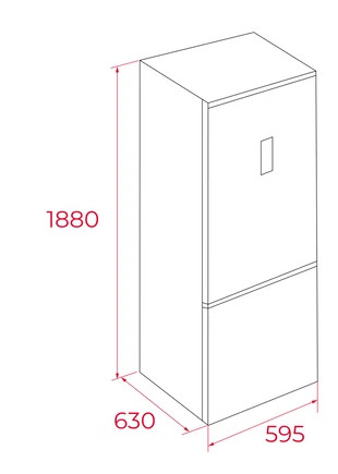 Szkic techniczny wysokiej lodówki o wymiarach 1880 x 595 x 630 mm.
