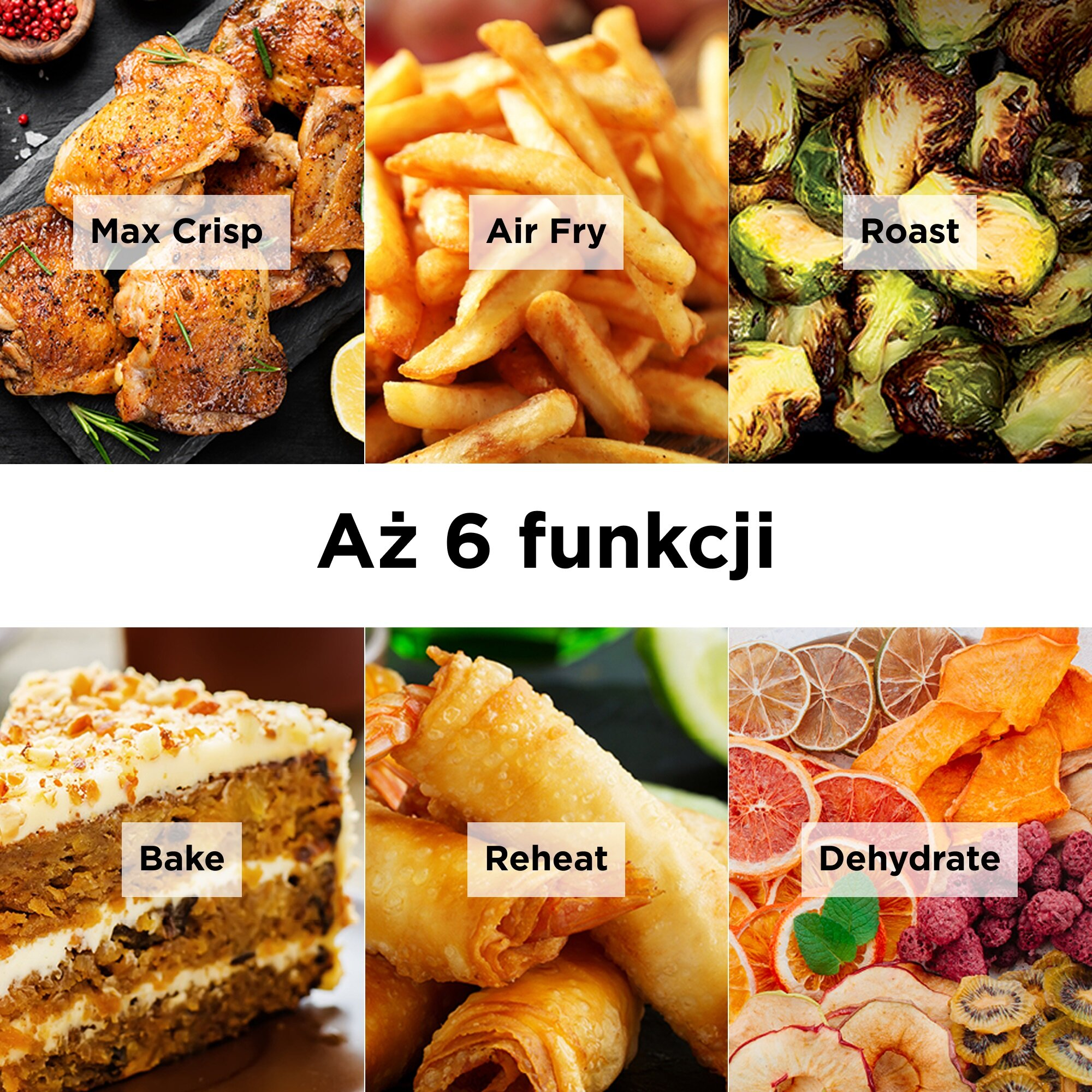 Sześć zdjęć przedstawia funkcje gotowania: Max Crisp, Air Fry, Roast, Bake, Reheat i Dehydrate.