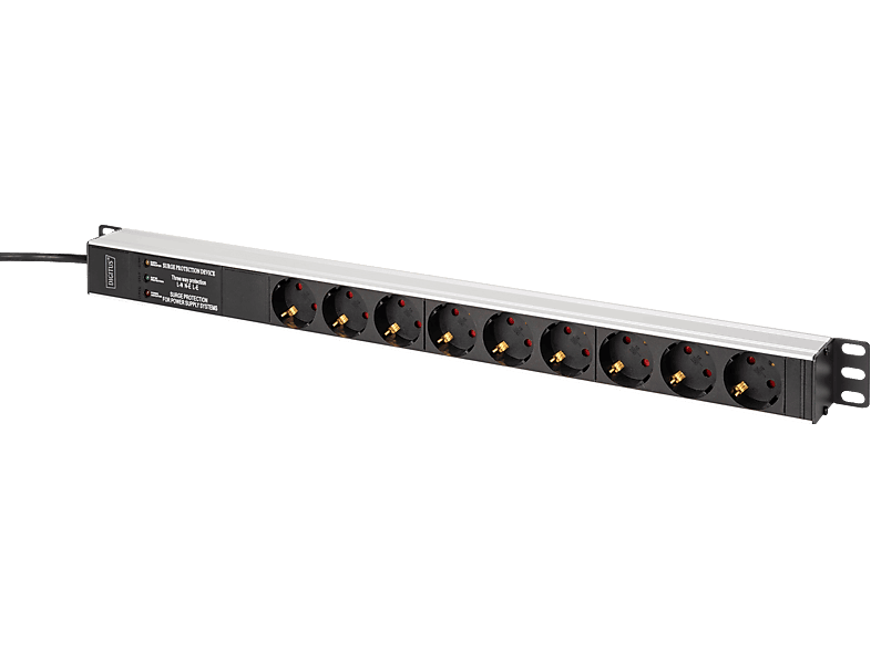 DIGITUS 19" Steckdosenleiste mit Aluminiumprofil und Überspannungsschutz, integrierter Netzfilter, 9-fach Schutzkontaktsteckdose, 2 m, Schwarz/Silber; Steckdosenleiste----Steckdosenleiste