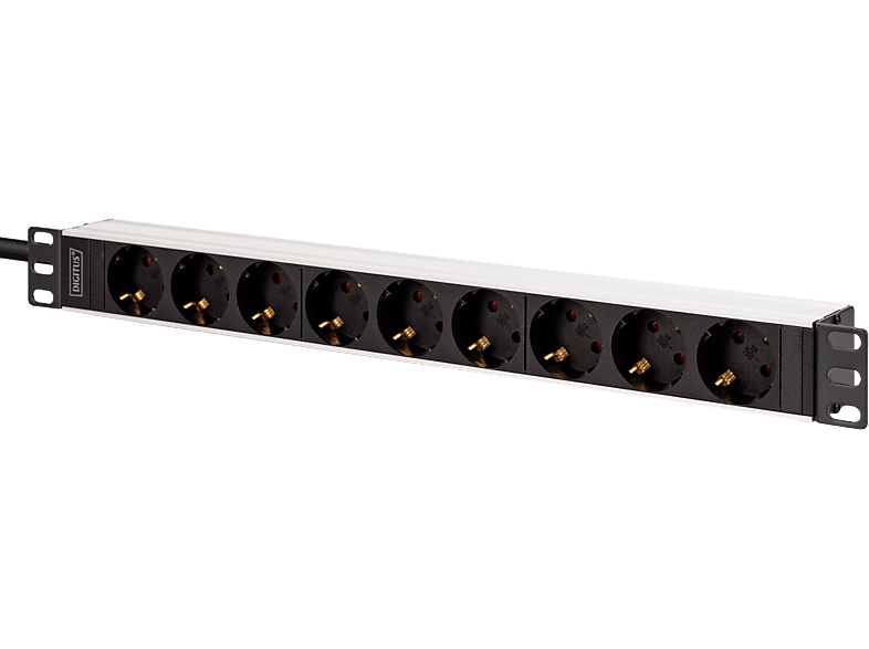 DIGITUS 19" Steckdosenleiste mit Aluminiumprofil, 9-fach Schutzkontaktsteckdose, 2 m Zuleitung, IEC C20 Stecker, Schwarz/Silber; Steckdosenleiste----Steckdosenleiste
