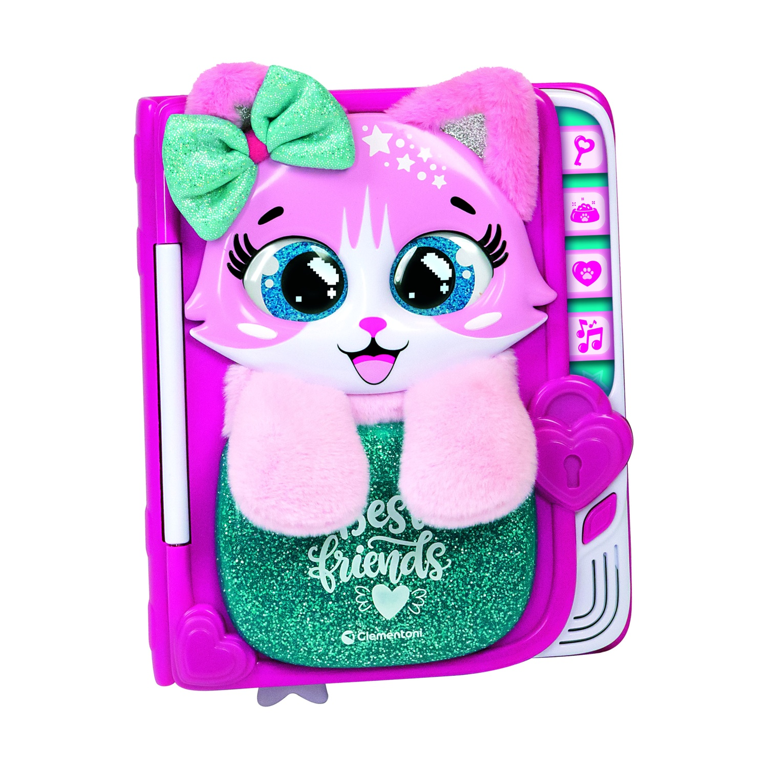 Un diario interattivo rosa con copertina da gatto peloso, fondo glitterato verde e pulsanti laterali.